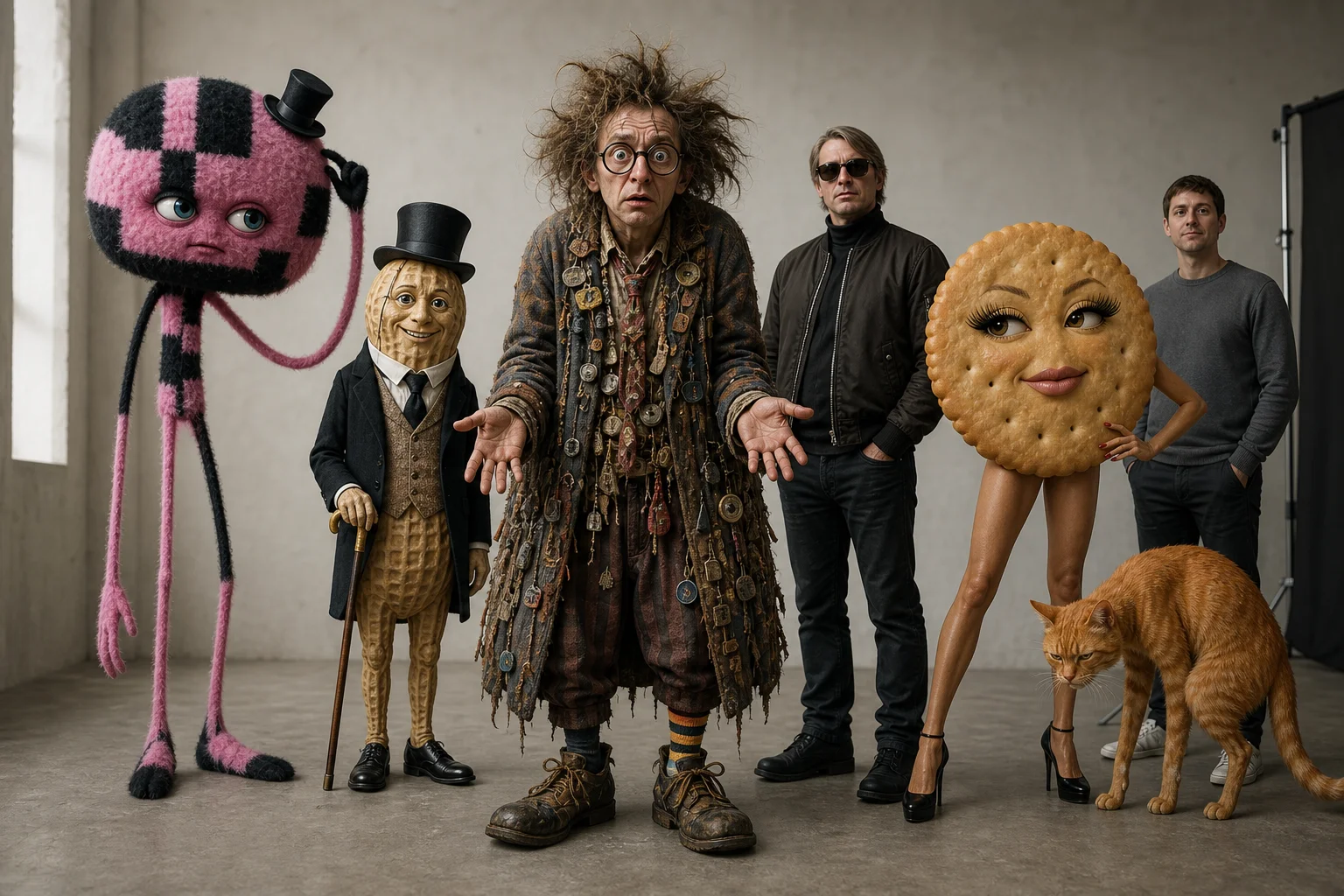 A surreal ensemble poses in a spacious neutral studio, centered on a bewildered humanoid alongside a gentleman peanut, a tiny-hatted fluffy creature, a suited man, a glamorous cracker, a slouching orange cat, and an ordinary person.