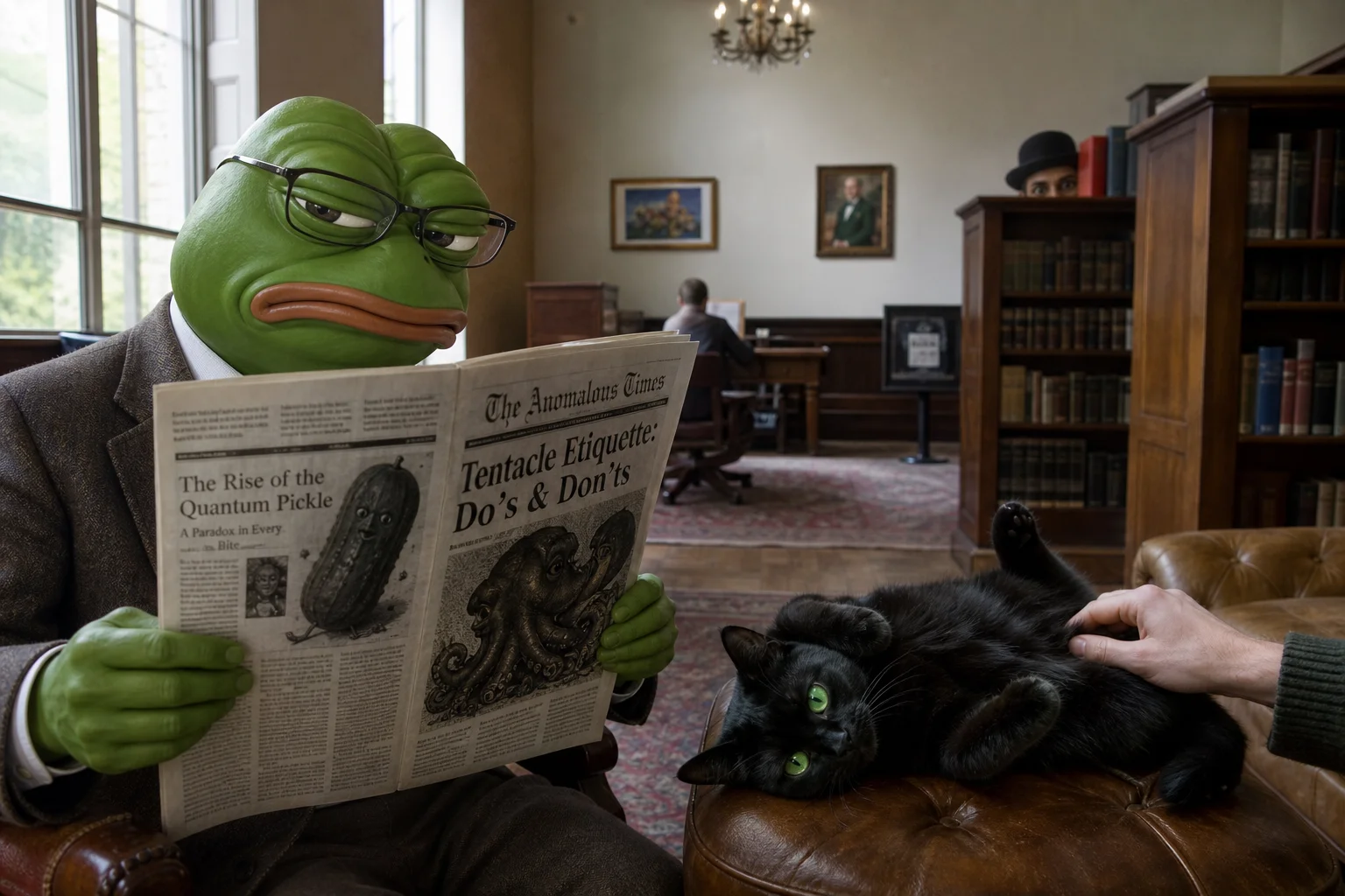 An annoyed bespectacled frog reads a bizarre newspaper while staring at the camera, beside a contented black cat receiving belly rubs in a spacious reading room with distant figures.