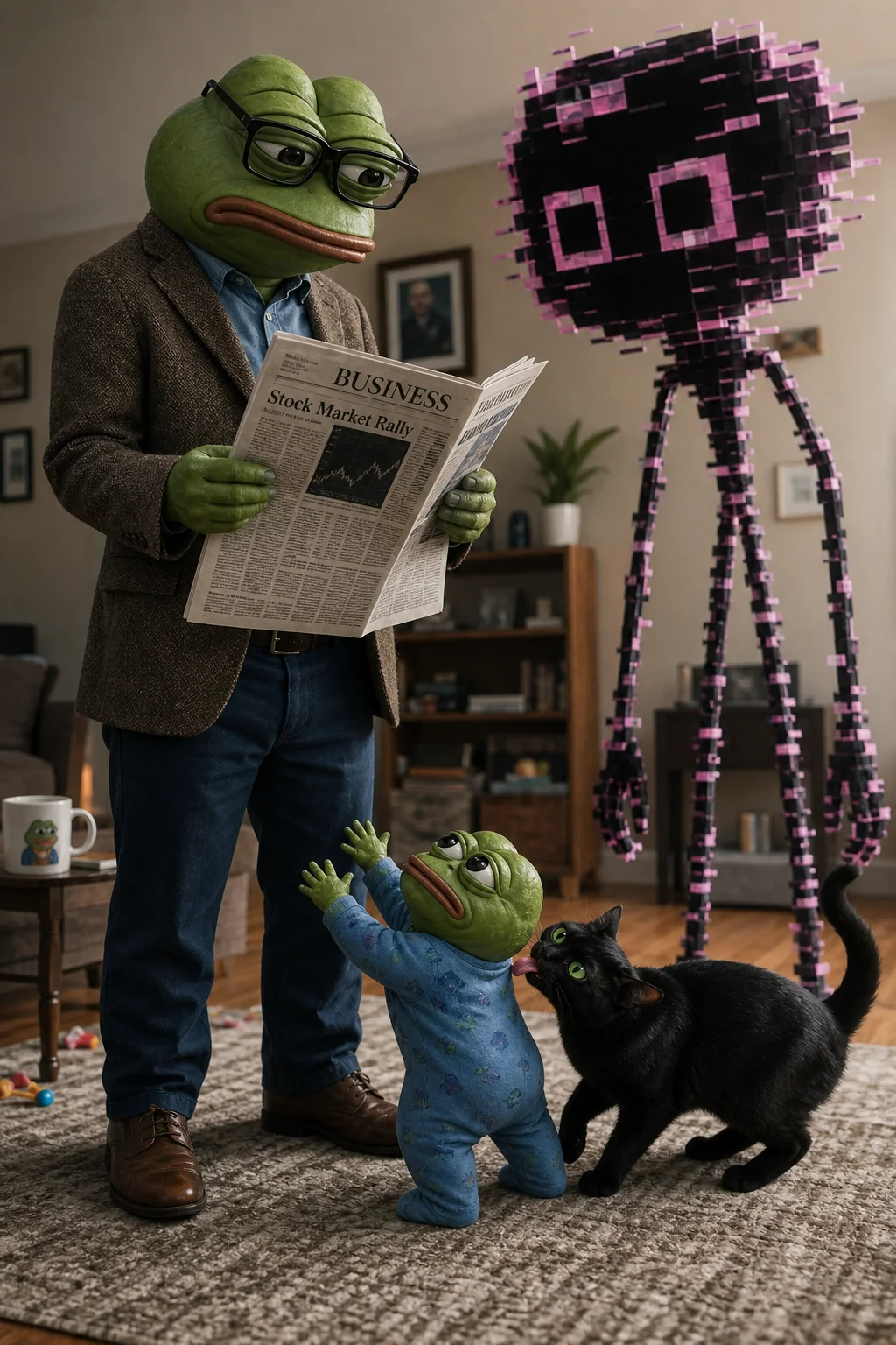 A bespectacled frog-like character reads a newspaper while ignoring a sad tiny figure, as a mischievous black cat, a glitchy fluffy creature, and an oversized-limbed being look on in a whimsical scene.