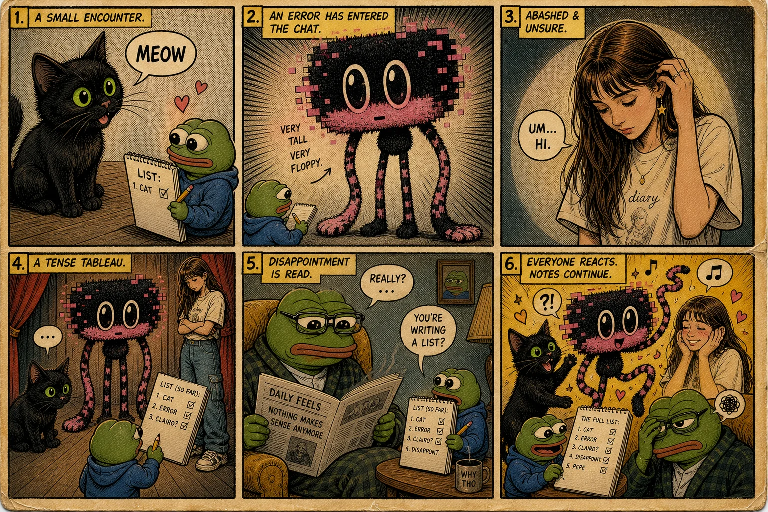 A vintage six-panel comic page shows a tiny note-taking creature interacting with a black cat, oversized black-and-pink fluffy figure, bashful singer, and disappointed bespectacled frog in expressive scenes.