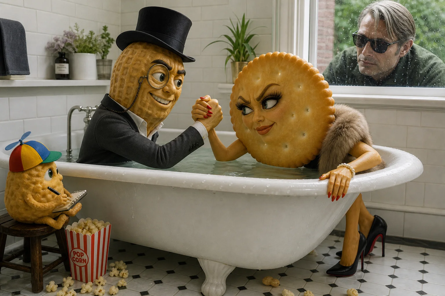 A surreal bathroom scene shows a gentleman peanut and glamorous Ritz cracker arm-wrestling over a filled bathtub, while a tiny spectator takes notes and a man watches through the window.