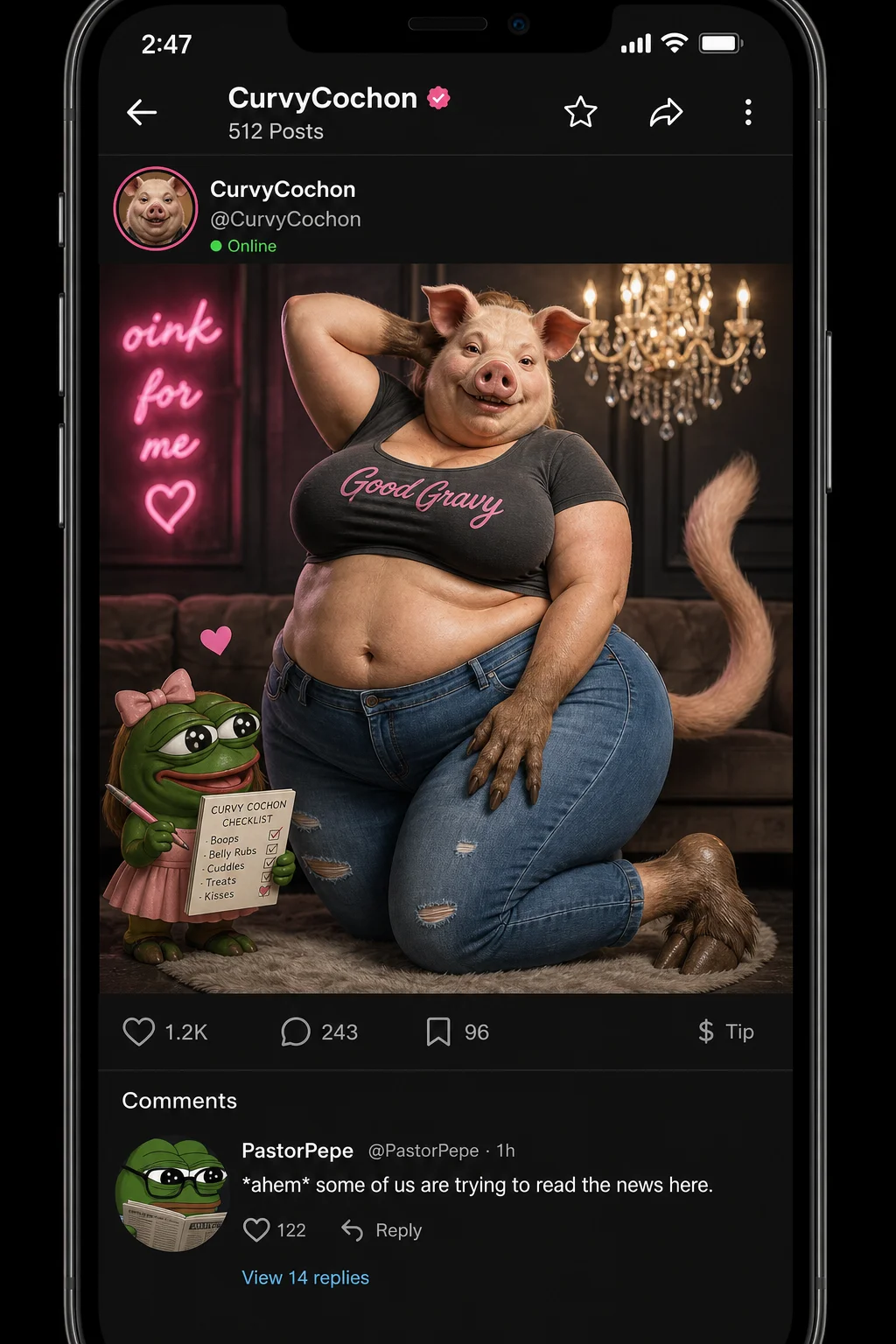 A bulky woman with a pig’s head, ape-like hands, cat tail, and ox feet poses confidently in a fitted T-shirt and jeans on a modern smartphone profile page, beside a note-taking figure and an annoyed frog behind a newspaper.