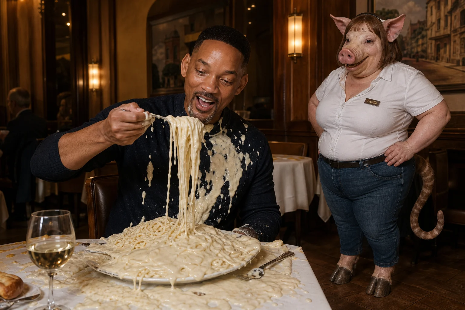 Will Smith eats excessively saucy spaghetti at a restaurant table while a fantastical waitress with a pig’s head, cat tail, and ox feet stands beside him in warm cinematic lighting.