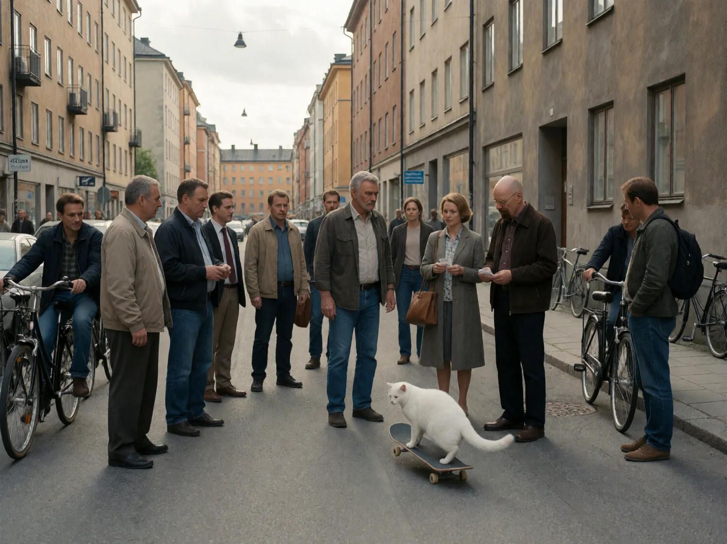 A deadpan Stockholm street scene shows Burt Reynolds among pedestrians while Walter White hands out small packets, as a white cat performs a skateboard trick in front of ordinary apartment buildings.