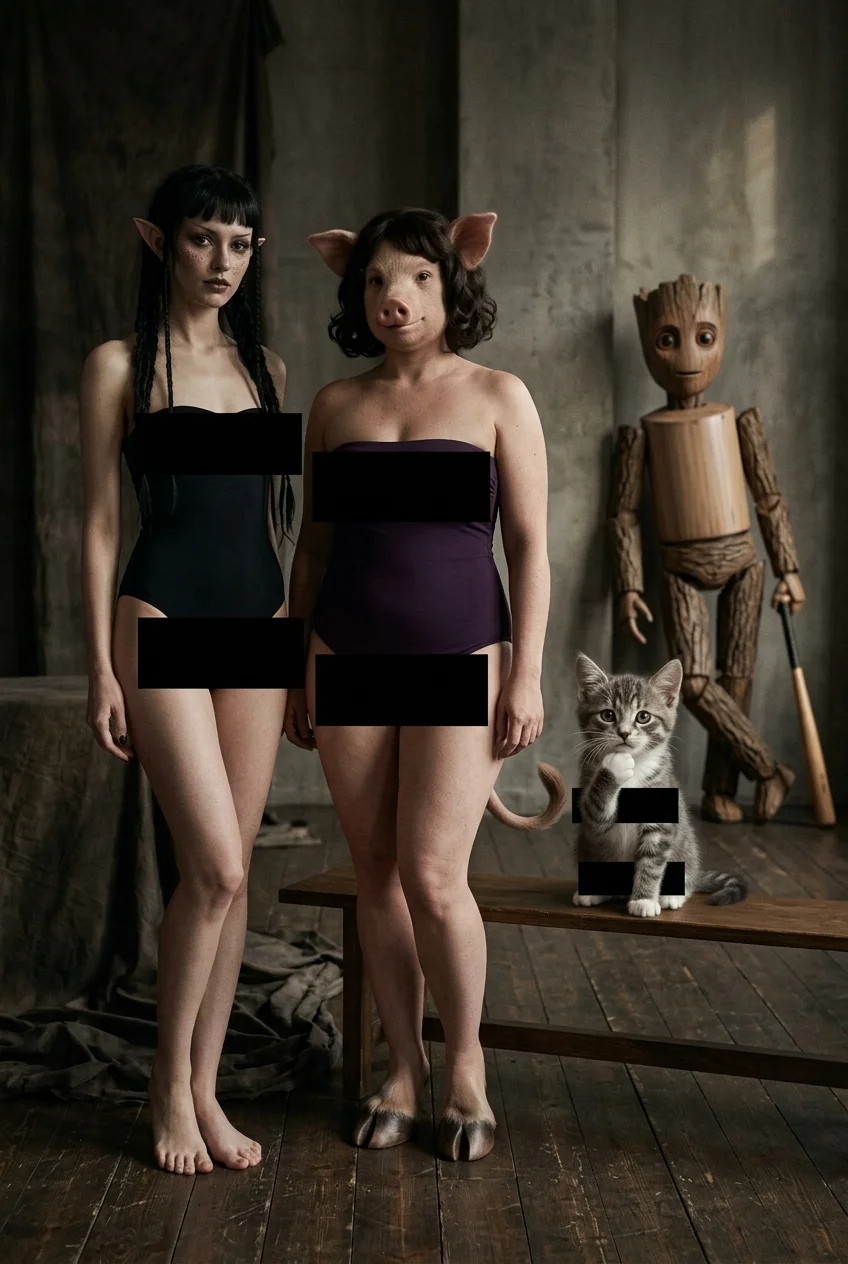 A goth elf, a pig-headed woman, and a sensor-bar-covered kitten pose in a dark fashion studio while a wooden humanoid holding a baseball bat watches from the background.