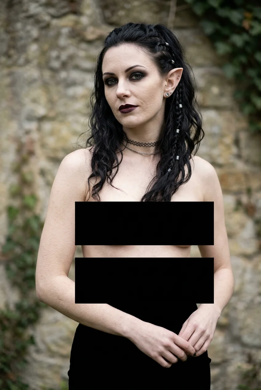 A confident adult female goth elf model with pointed ears and dark styling poses in a centered professional portrait, with black bars obscuring her torso under natural lighting.