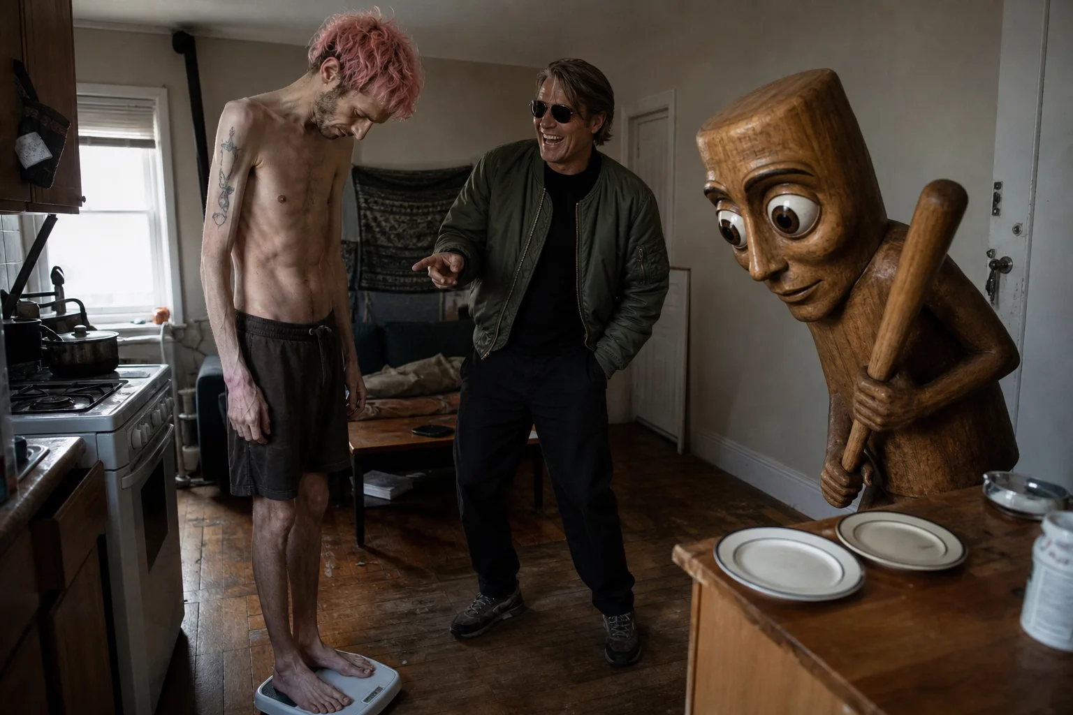 In a cluttered apartment kitchen-living room, a frail pink-haired man stands on a bathroom scale while a sunglasses-wearing man laughs nearby and a wooden, bat-carrying humanoid investigates; two plates sit on a counter.