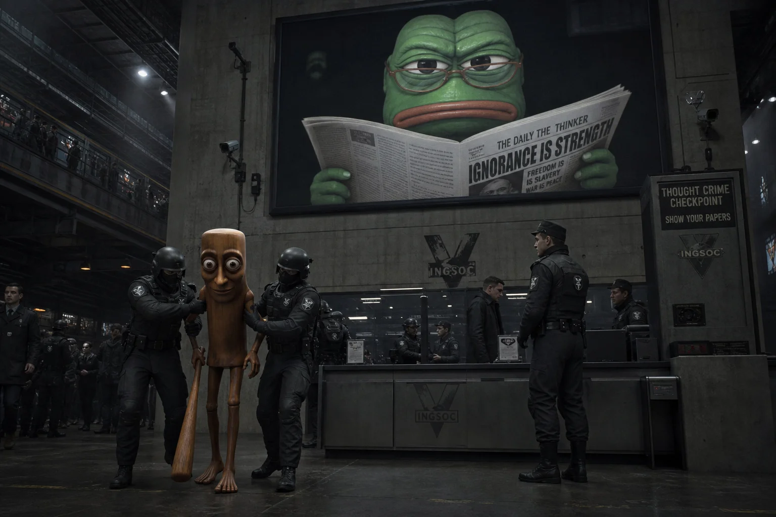 A wooden, wide-eyed humanoid holding a baseball bat is restrained by authoritarian guards at a stark concrete checkpoint in a cold, surveillance-filled dystopian detention facility, beneath a propaganda screen showing a bespectacled frogish