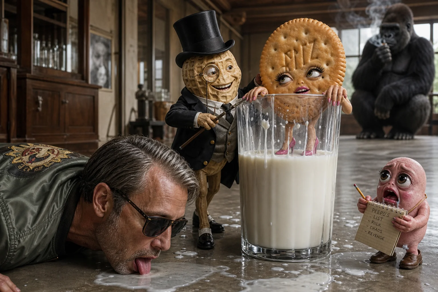 A surreal photorealistic scene shows a gentlemanly peanut dipping a personified Ritz cracker into a giant glass of milk, while a smoking gorilla watches, a tiny note-taker salivates, and a sunglassed man licks the floor.