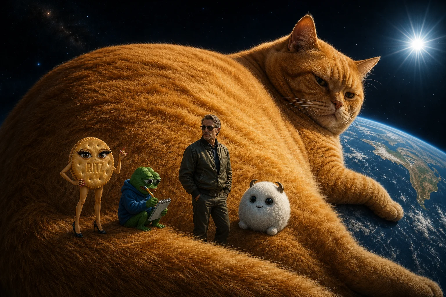 A colossal slouching orange cat dwarfs Earth in a sunlit cosmic scene, with four tiny whimsical figures scattered across its vast body and the foreground.