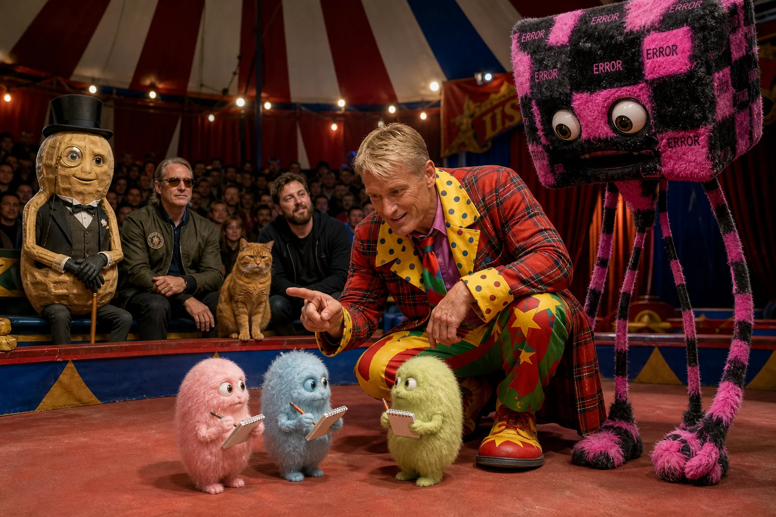 A clown performer playfully entertains three tiny note-taking creatures in a colorful big-top circus tent, assisted by a strange floppy-limbed companion as whimsical spectators watch.