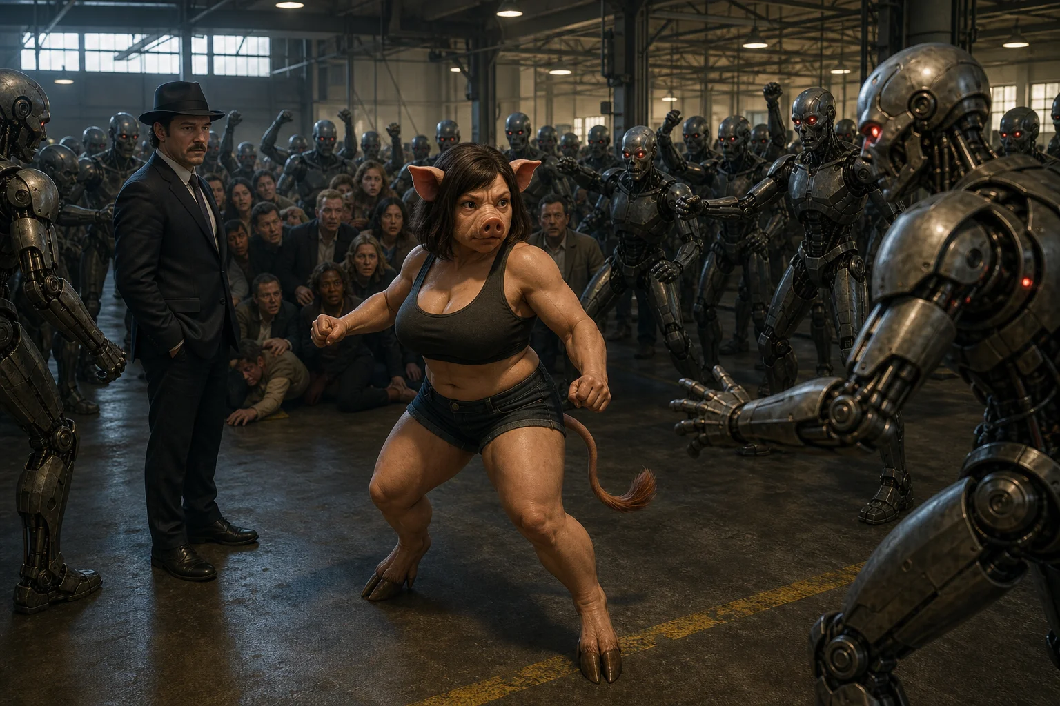 A pig-headed woman with a cat tail and ox-like feet stands protectively before frightened civilians as angry glowing-eyed robots surround them in a crowded industrial room, while a suited man watches tensely.