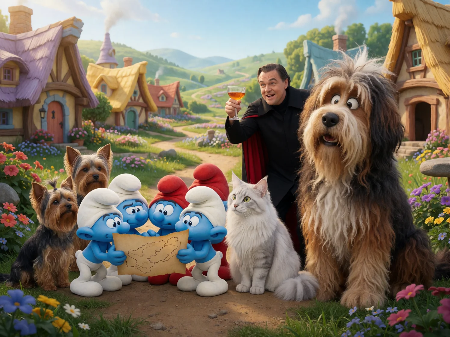 On a colorful Smurf village movie set, tiny blue Smurfs study a map beside dogs and a fluffy cat while a costumed Gargamel raises a glass and a shaggy dog reacts to a playful stage punch.