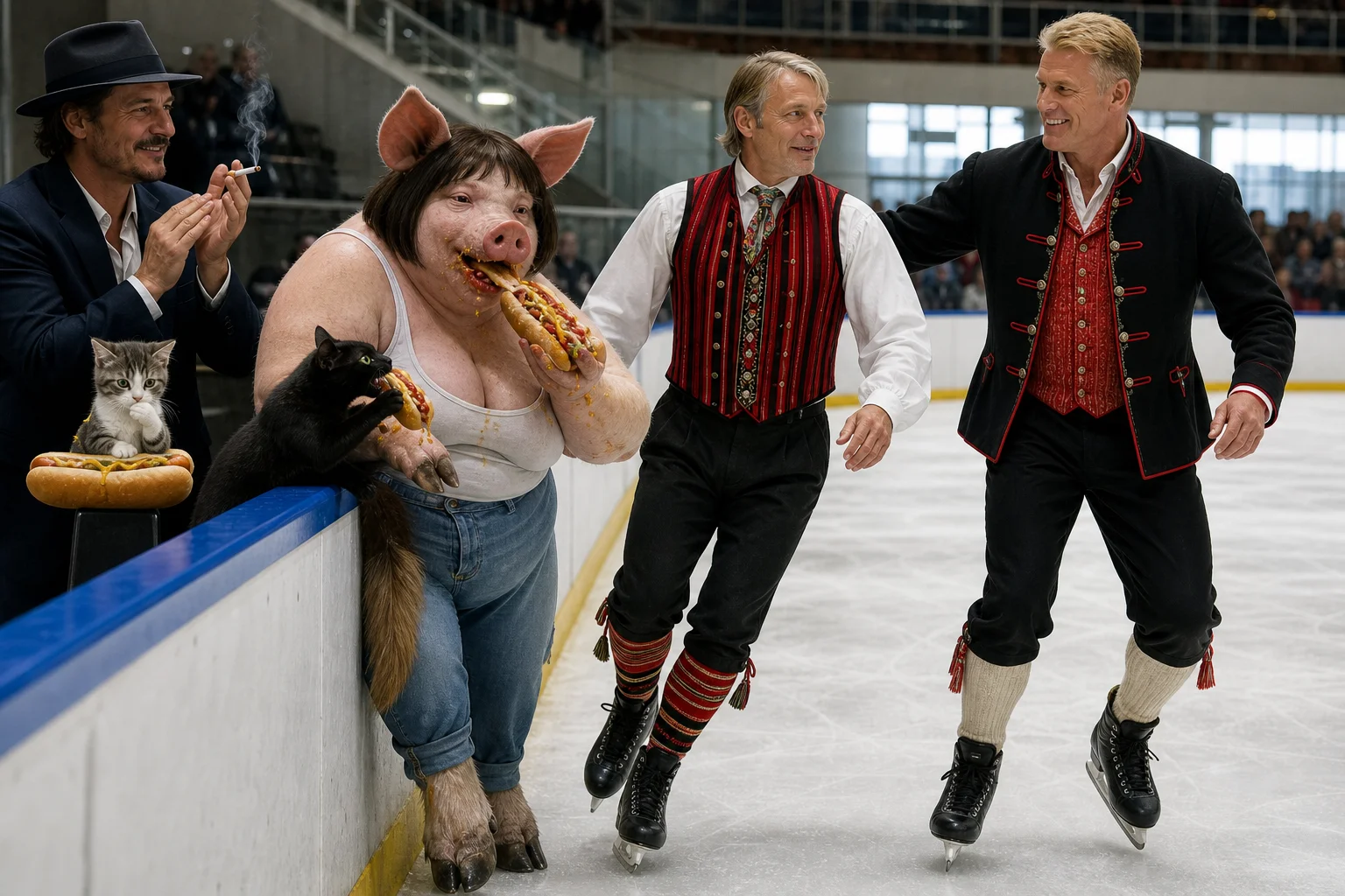 Two men skate across a brightly lit indoor ice rink while a suited spectator claps at the barrier, alongside a whimsical pig-headed figure and cats eating hot dogs.