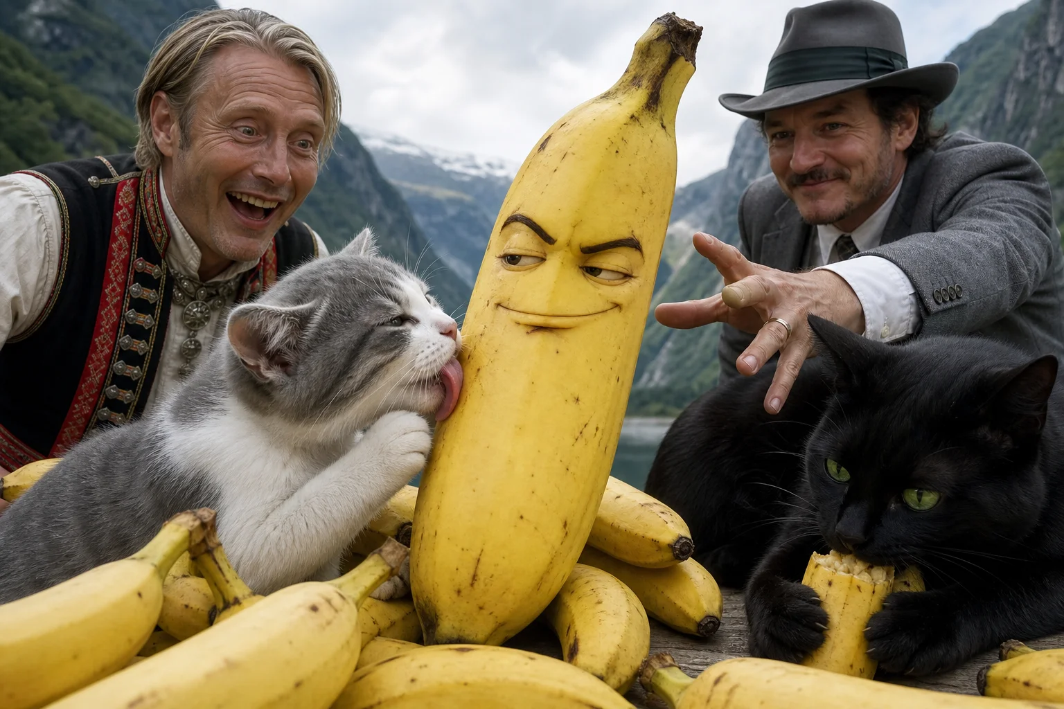 A giant sly-faced banana dominates a playful scene as a thoughtful kitten leans in to lick it, another cat eats a small banana, and two grinning men reach toward it amid scattered fruit.