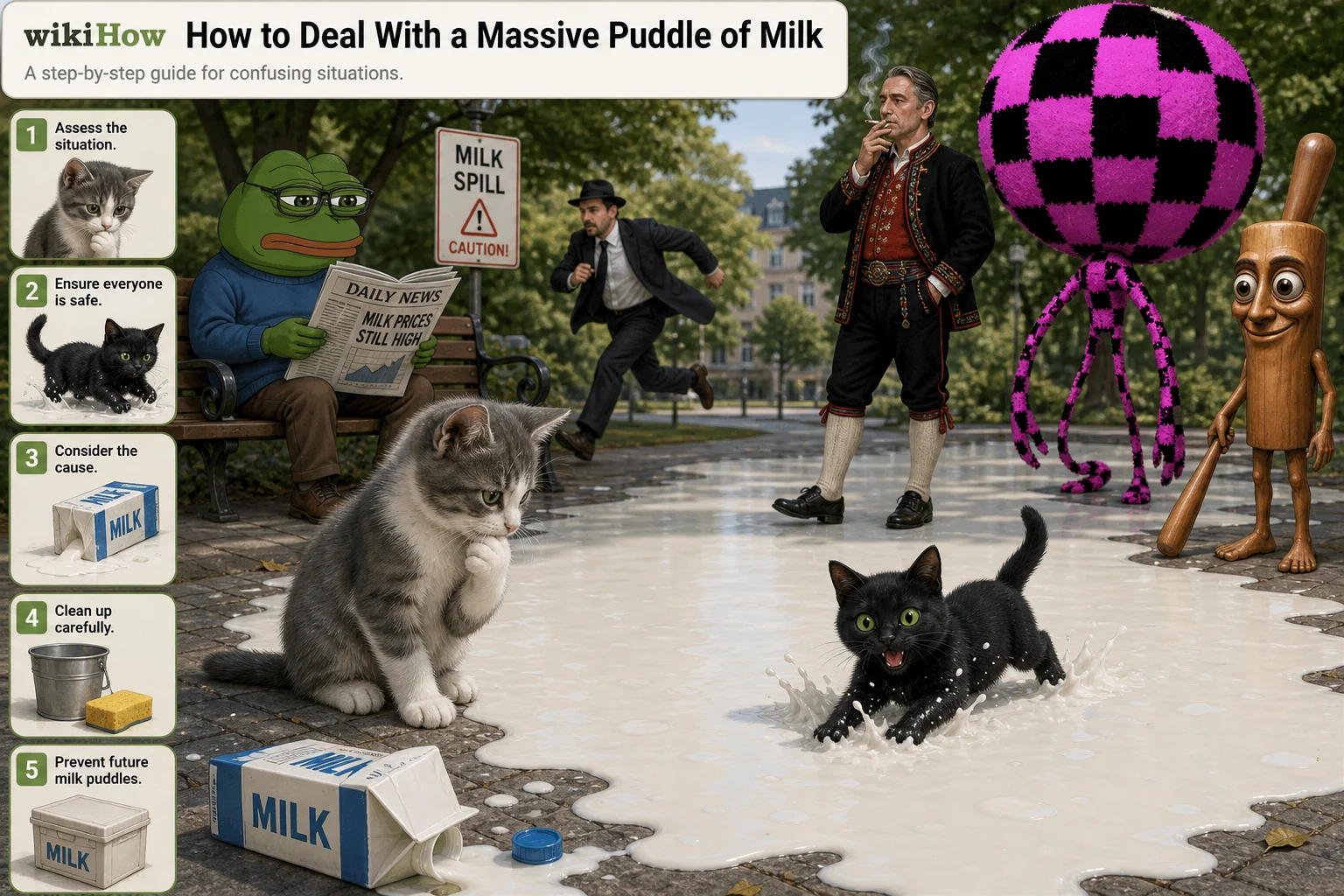 A thoughtful gray-and-white kitten rests a paw on its chin beside a massive outdoor puddle of milk, while a black cat plays nearby and other whimsical figures occupy the background.