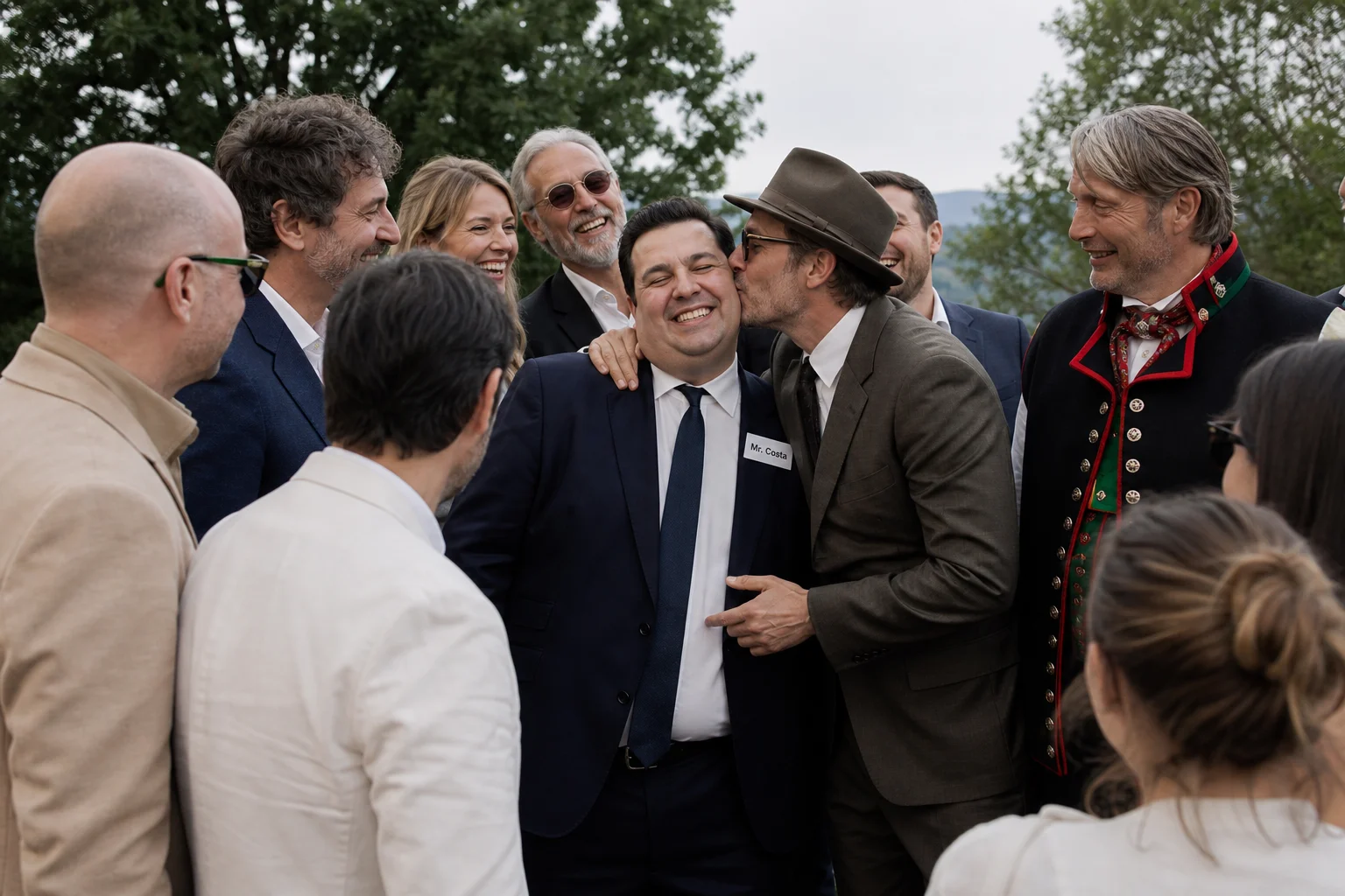 A man stands at the center of a circle of people in a candid group photo, as a suited man in a fedora leans in to kiss him and another wears traditional Norwegian clothing.