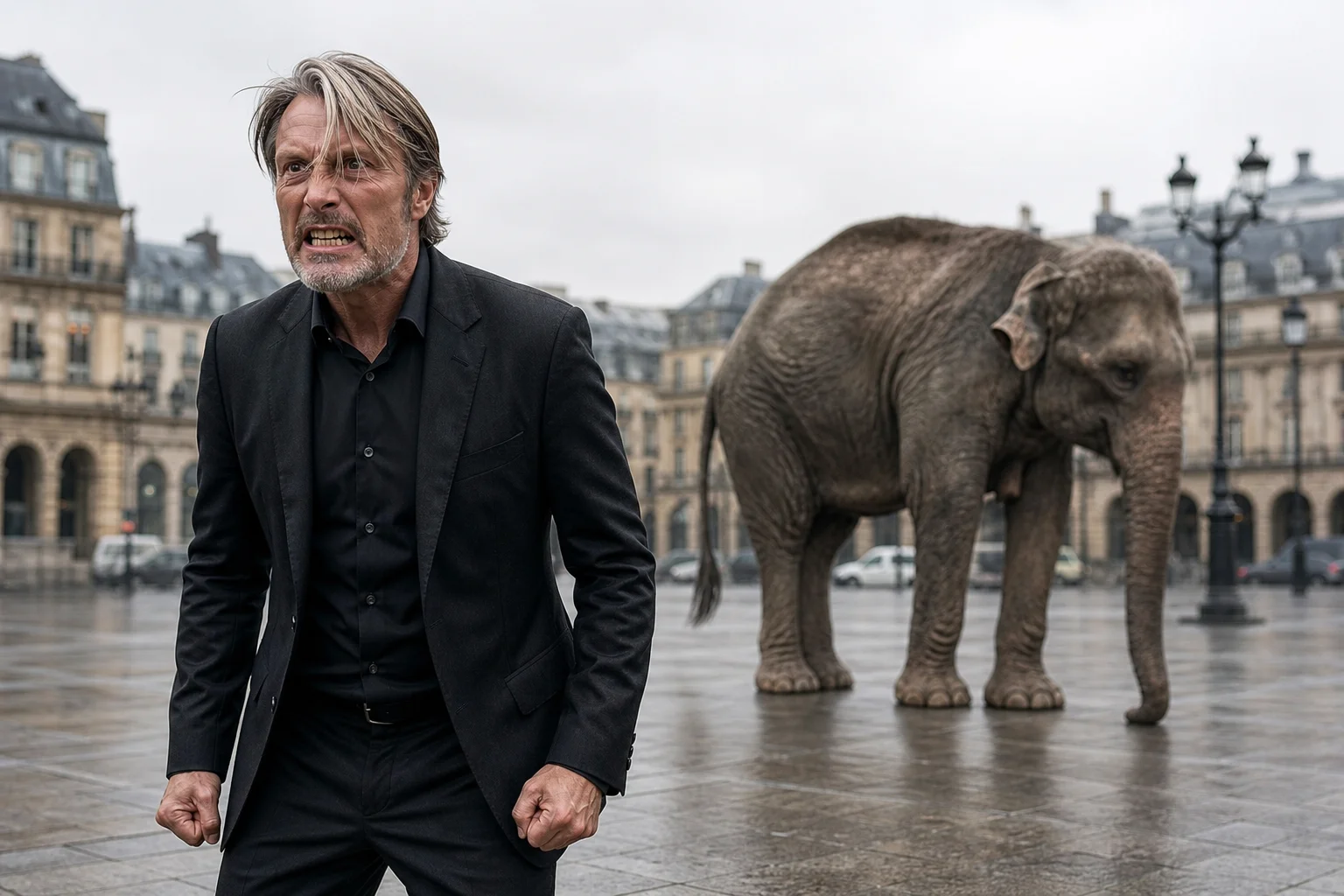 Mads Mikkelsen stands furiously with clenched fists in a dramatic urban plaza while a large elephant nearby creates an absurd contrast.