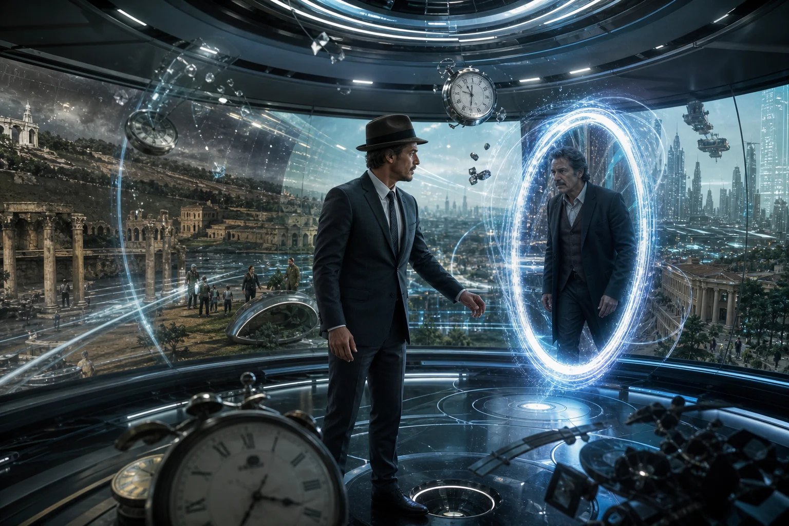 A suited man encounters his older self emerging from a glowing time portal inside a sleek UFO, surrounded by floating clocks and overlapping views of ancient ruins, the present, and a futuristic city.