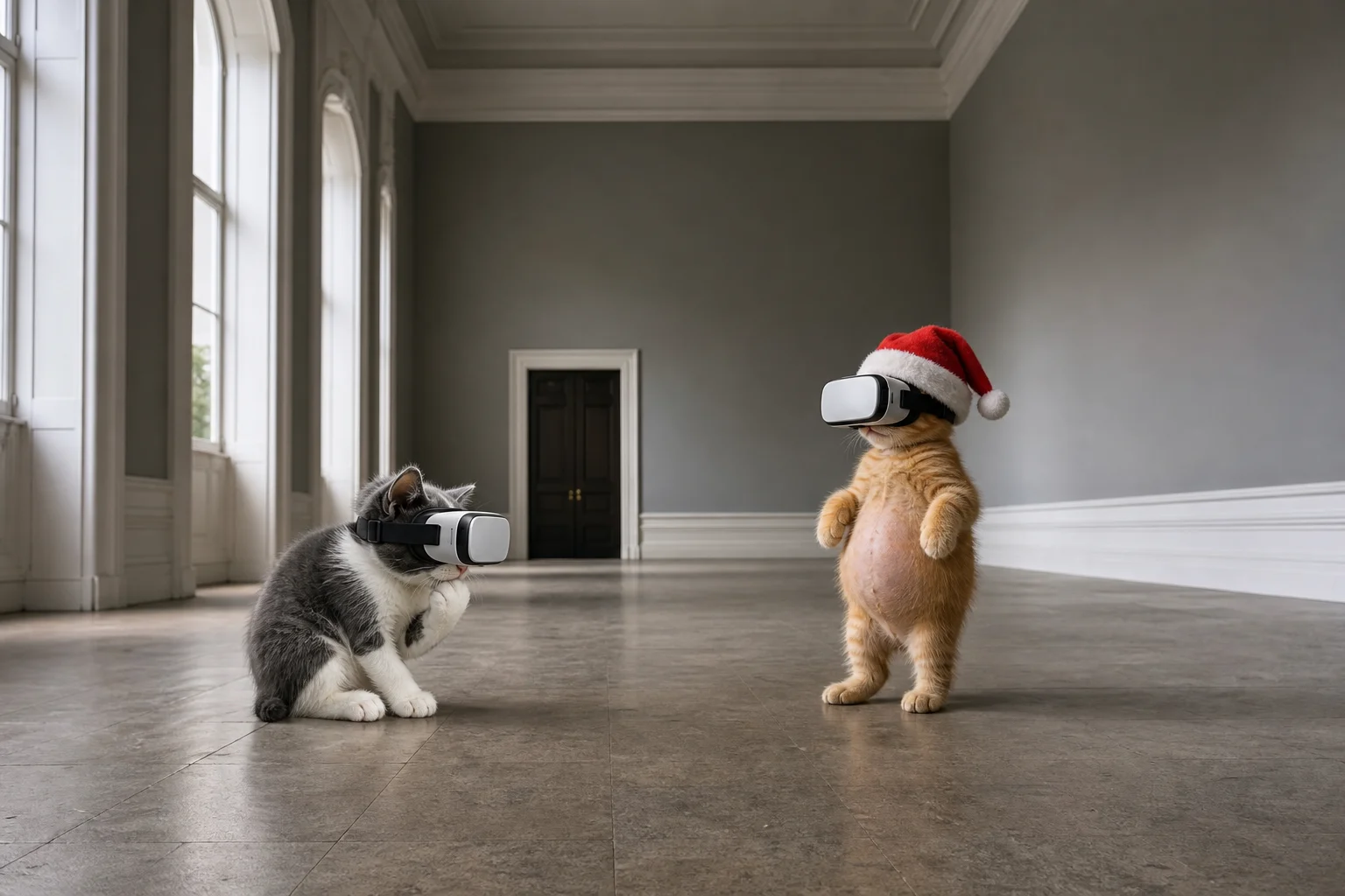 A grey-and-white kitten wearing a VR headset sits thoughtfully in a vast, mostly empty high-ceilinged room, while an orange kitten in a Santa hat and VR headset stands nearby on its hind legs.