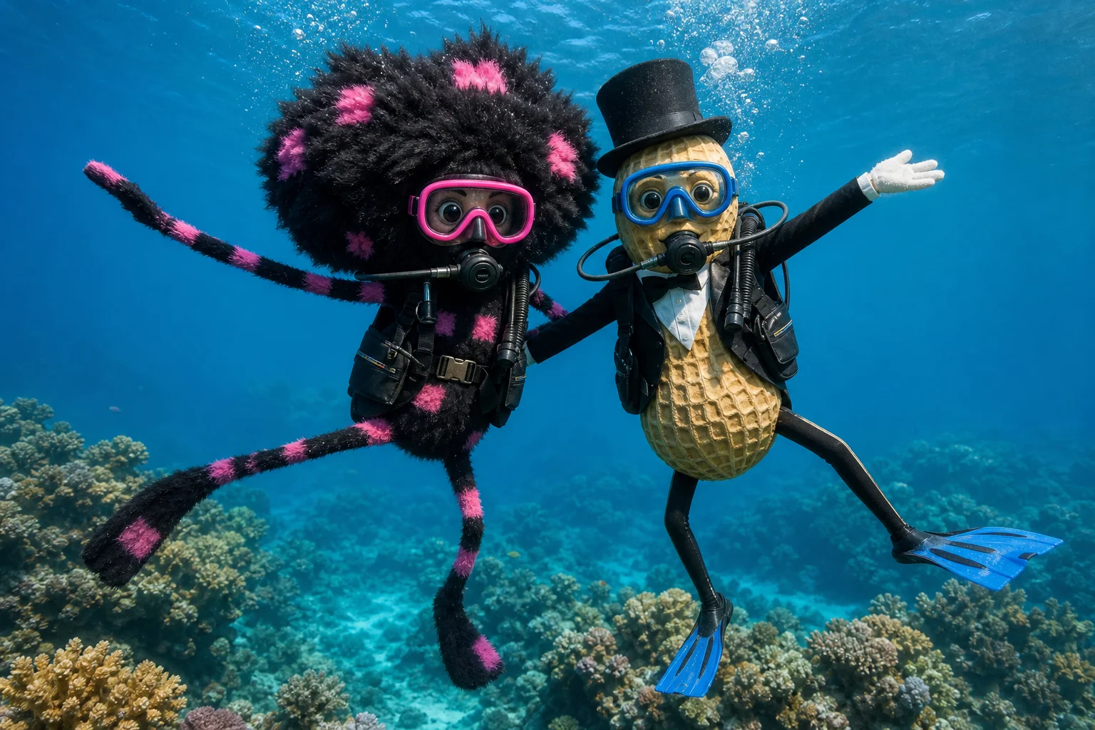 Two whimsical scuba divers—a fluffy black-and-pink creature and a gentlemanly peanut—perform a joyful synchronized dance amid bubbles, coral, and sunlit tropical blue water.