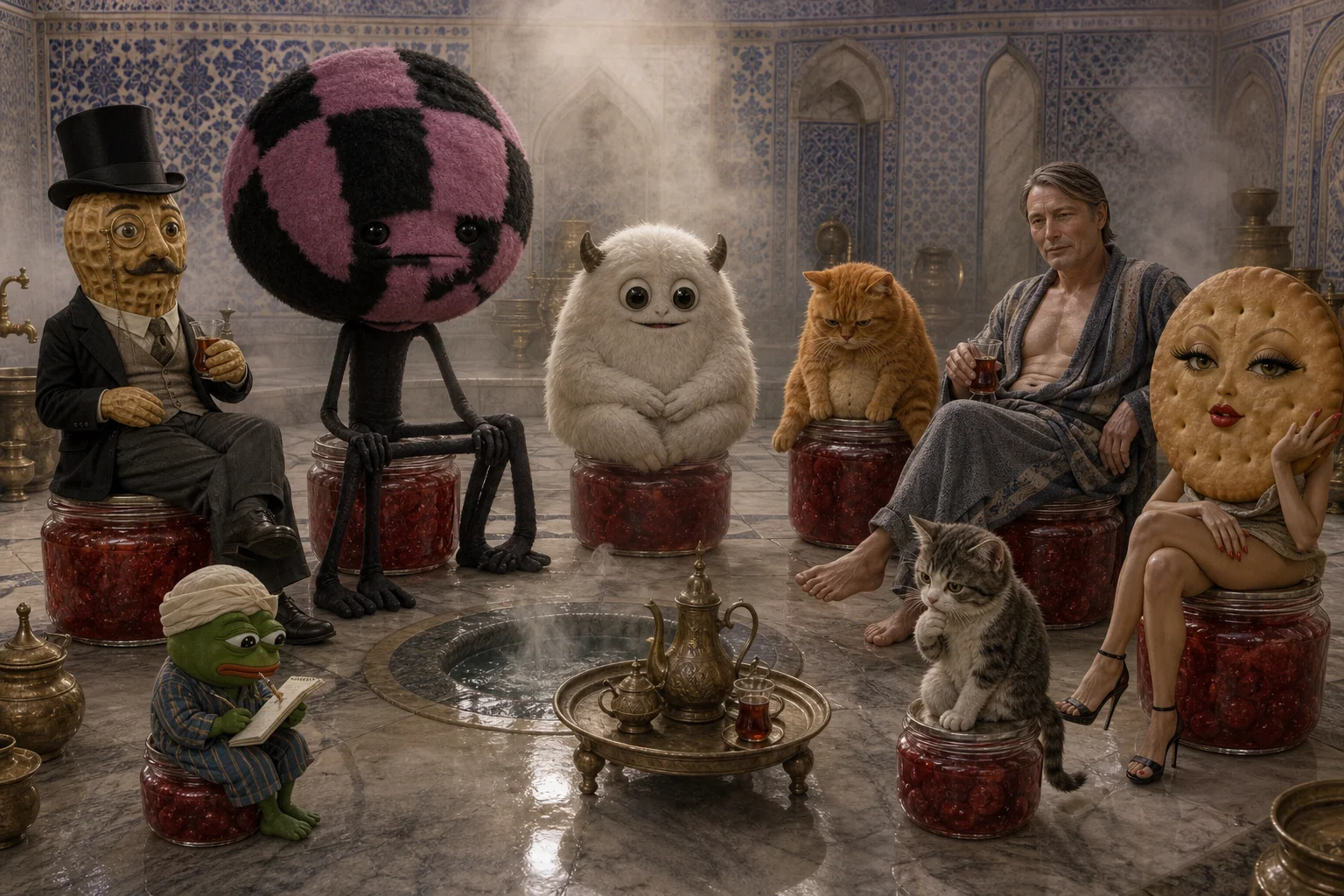 A whimsical group—including a gentlemanly peanut, fluffy creatures, a cat, a kitten, a note-taking peepo, a man, and a personified cracker—gathers on jam-filled jar chairs in a steamy tiled Turkish bath.