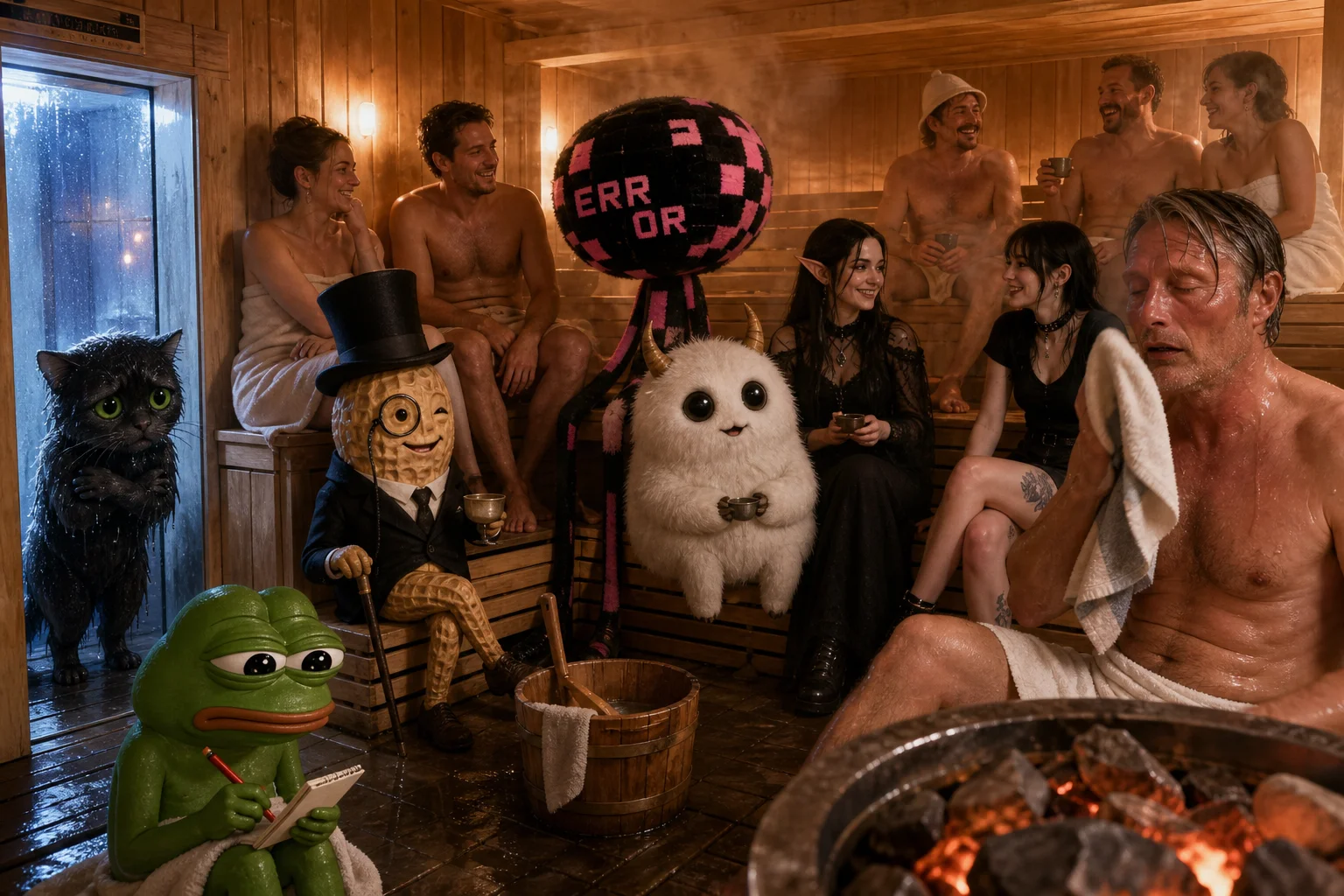 A lively group of humans, whimsical creatures, and a black cat relax together in a warmly lit wooden sauna, with steam, benches, stones, towels, and humorous reactions to the heat.
