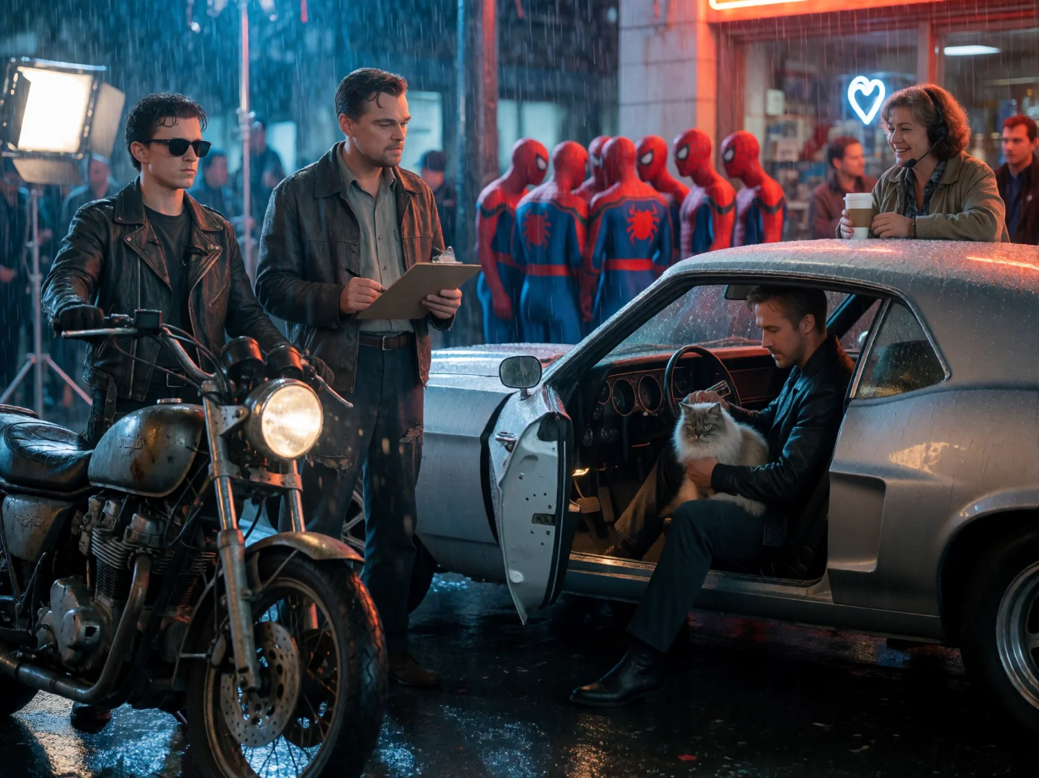 A leather-clad cyborg-like man stands beside a battered motorcycle while a producer, car passenger grooming a cat, and crying costumed figures gather on a rain-soaked neon film set at night.