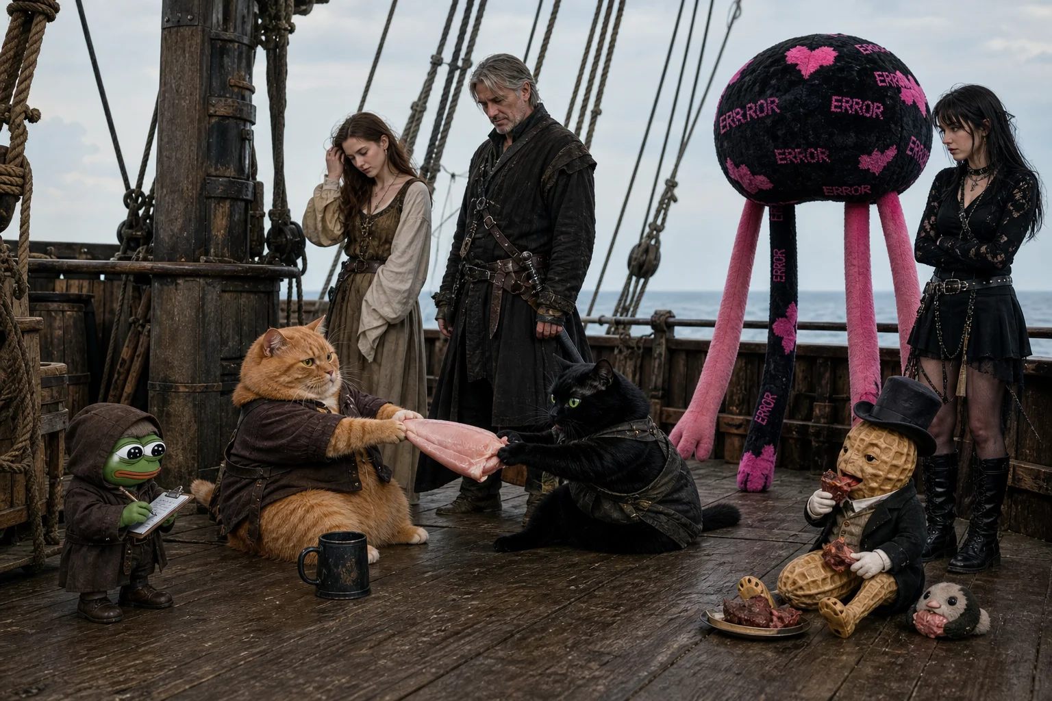 On the deck of a weathered medieval sailing ship, a black cat and a red-haired cat fiercely tug opposite ends of uncooked chicken while whimsical onlookers watch nearby.