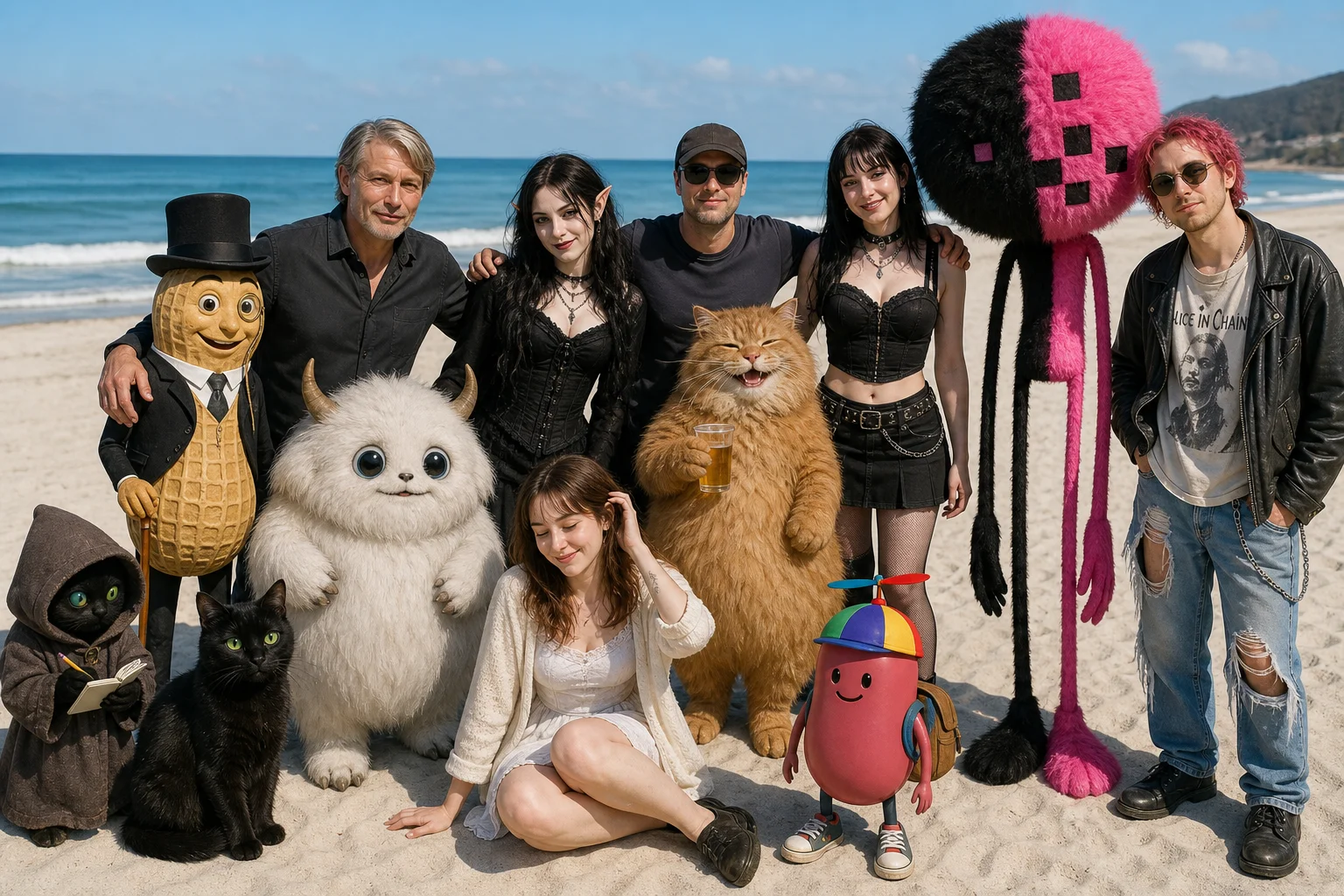 A diverse group of people, cats, and whimsical creatures smile and pose closely together for a photo on a sunny white-sand beach, with the ocean and soft coastal horizon behind them.