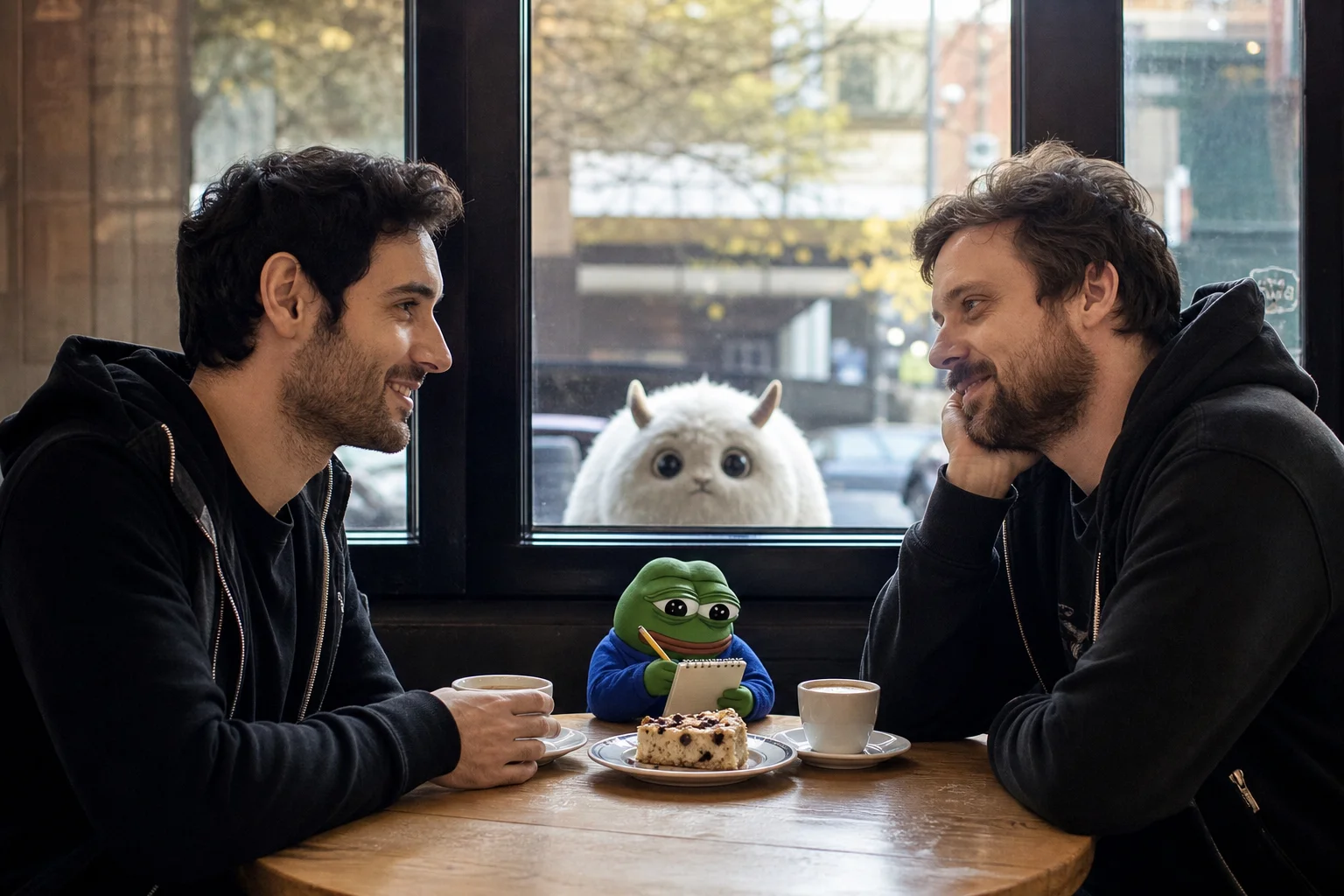A couple enjoys coffee and dessert at a cozy café table while a tiny note-taking figure sits between them and a fluffy horned creature peeks through the window.