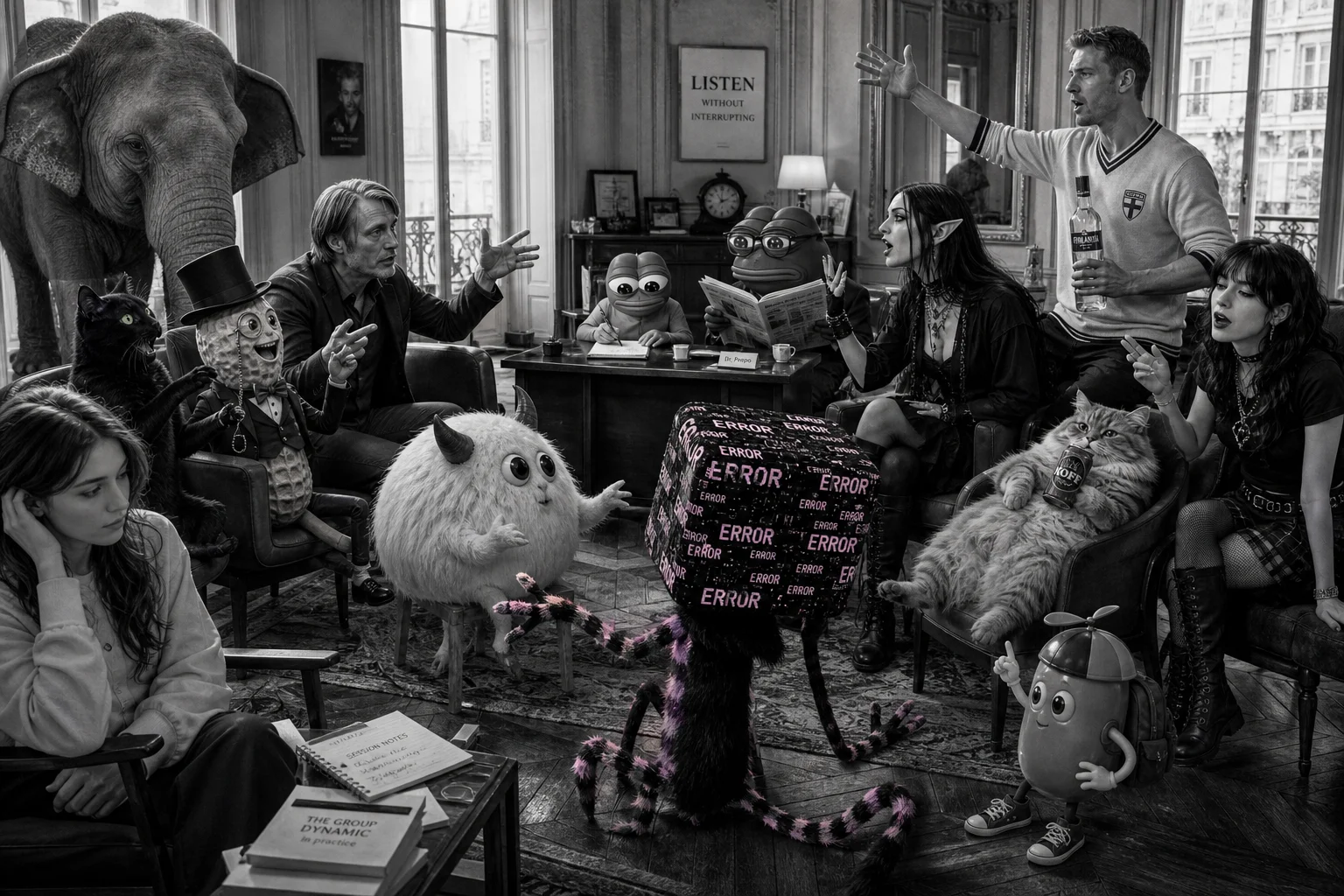 A crowded black-and-white therapy session unfolds in a cramped Hausmann-style office-apartment, with a tiny therapist taking notes amid animated characters, while an elephant stands quietly overlooked at the room’s edge.
