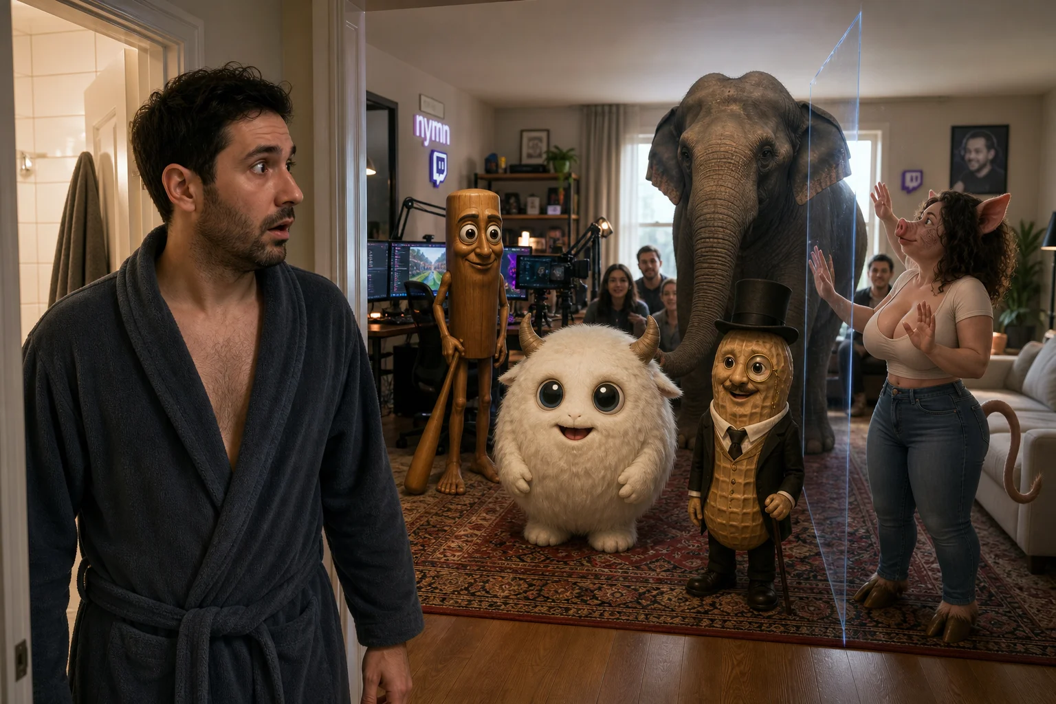 A shocked man in a bathrobe emerges from a bathroom into a living room crowded with unusual visitors, including a quietly ignored elephant, while a streaming desk and camera sit in the background.