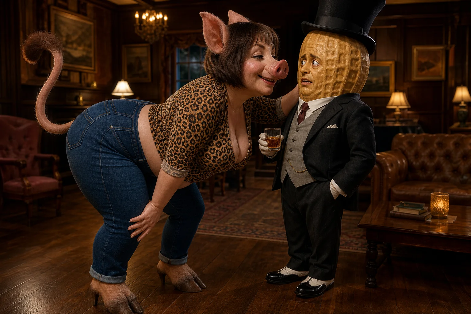 In an elegant cozy lounge, a curvy woman with a pig’s head and cat tail flirtatiously approaches a smiling peanut gentleman in a traditional British outfit, who looks charmingly overwhelmed.