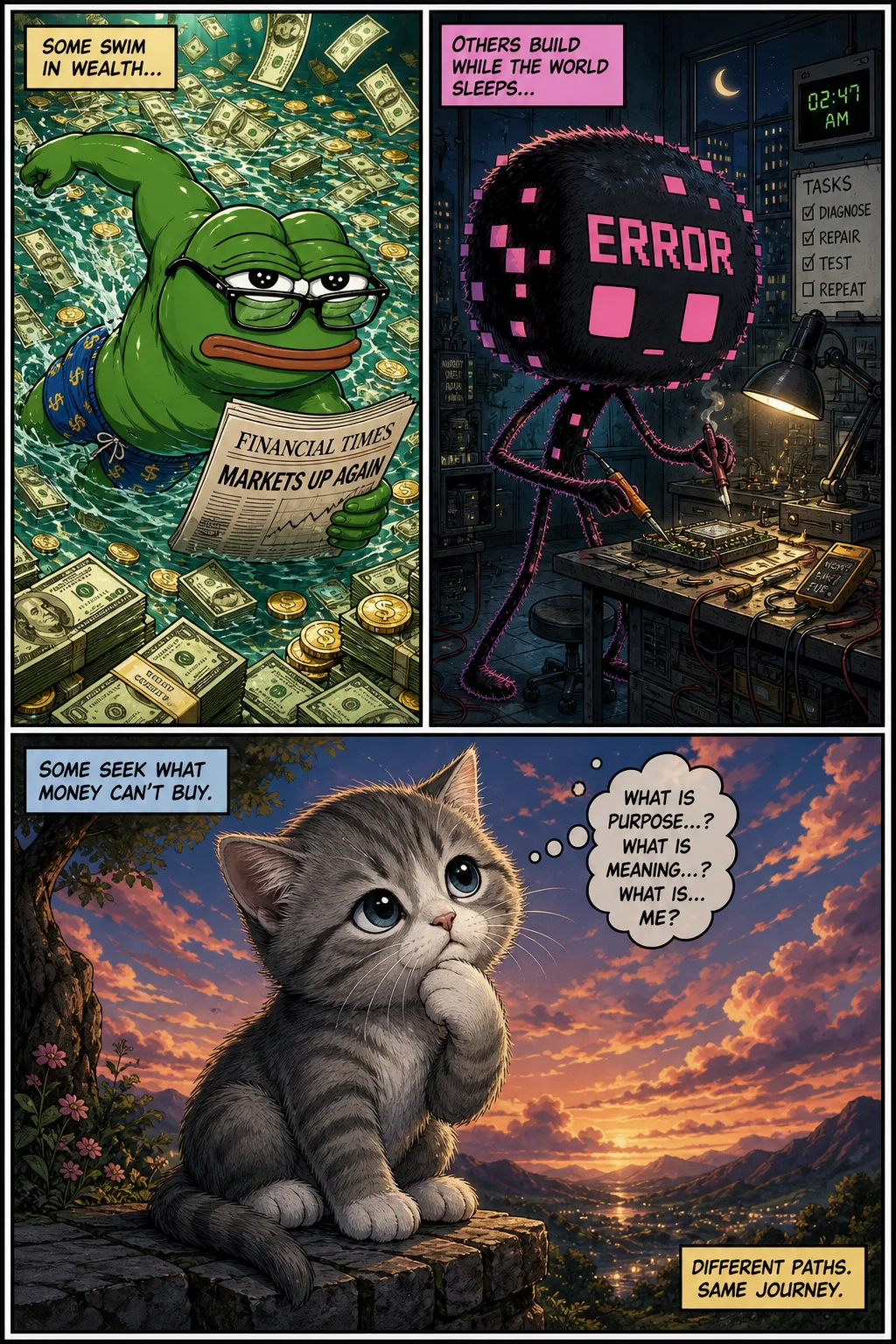 A three-panel comic page shows a bespectacled frog swimming through money, a glitchy fluffy creature working a night shift, and a thoughtful kitten in a contemplative setting.