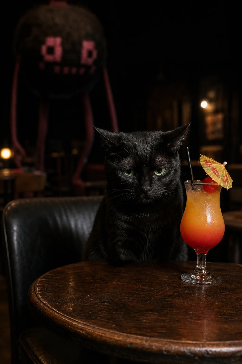 A sad black cat with vivid green eyes sits alone at a small table with a tropical drink on a quiet Friday night, while a shadowy, distorted fluffy figure lurks in the dim background.