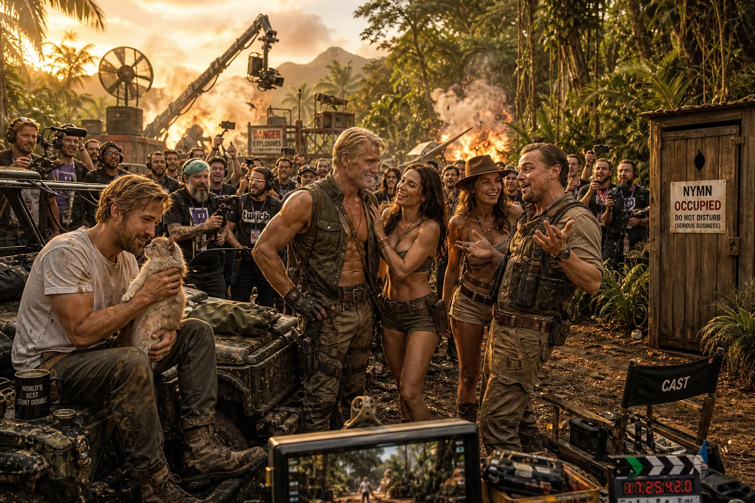 On a lavish jungle action-movie set, a man cuddles a fluffy cat beside a production vehicle while costumed performers, guests, and crew gather amid cameras, stunt gear, and preparations for staged explosions.