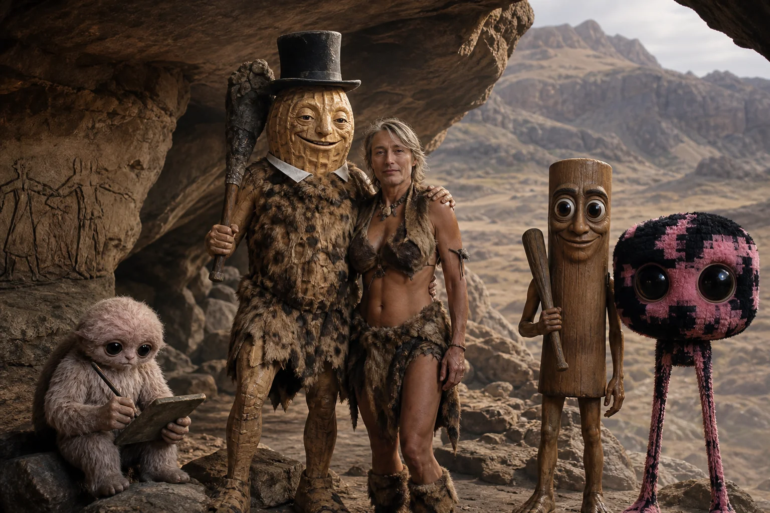 A smiling peanut-shell caveman stands proudly beside his prehistoric companion and tiny note-taking pet, joined by strange wooden and fluffy creatures, in a realistically textured cave lit by natural daylight.