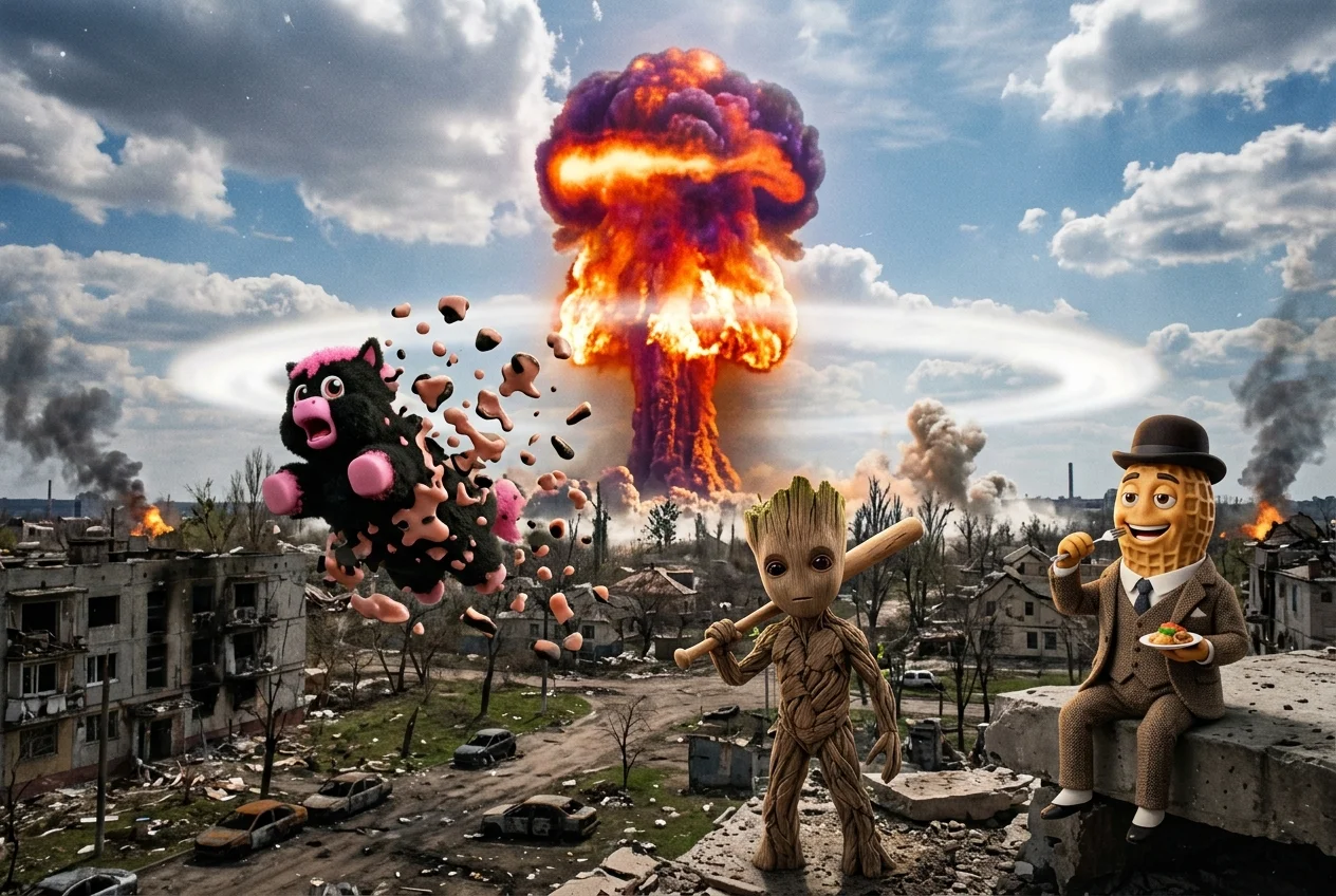 A towering nuclear explosion engulfs a Ukrainian urban warzone as a glitchy long-limbed creature disintegrates in the blast, while a wooden figure with a bat and a smiling peanut gentleman stand amid fire, smoke, and debris.