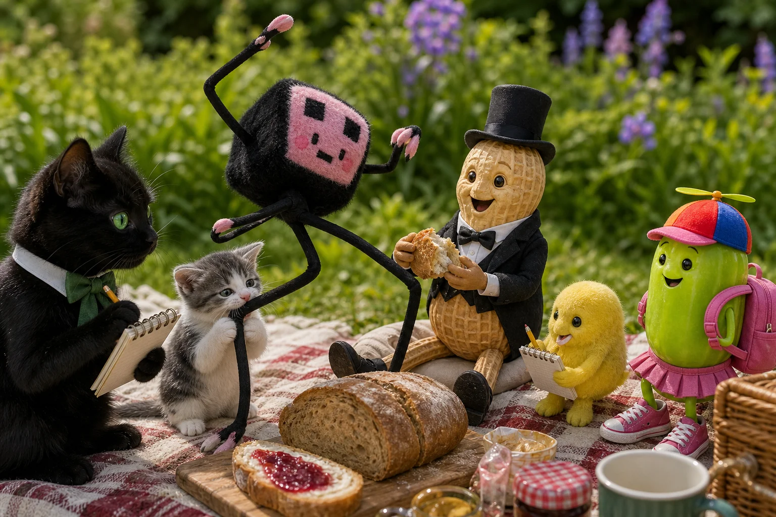 A whimsical group of anthropomorphic creatures and cats share a rustic picnic meal in a sunny outdoor setting, while a gentlemanly peanut offers bread and others take notes, play, and tumble nearby.