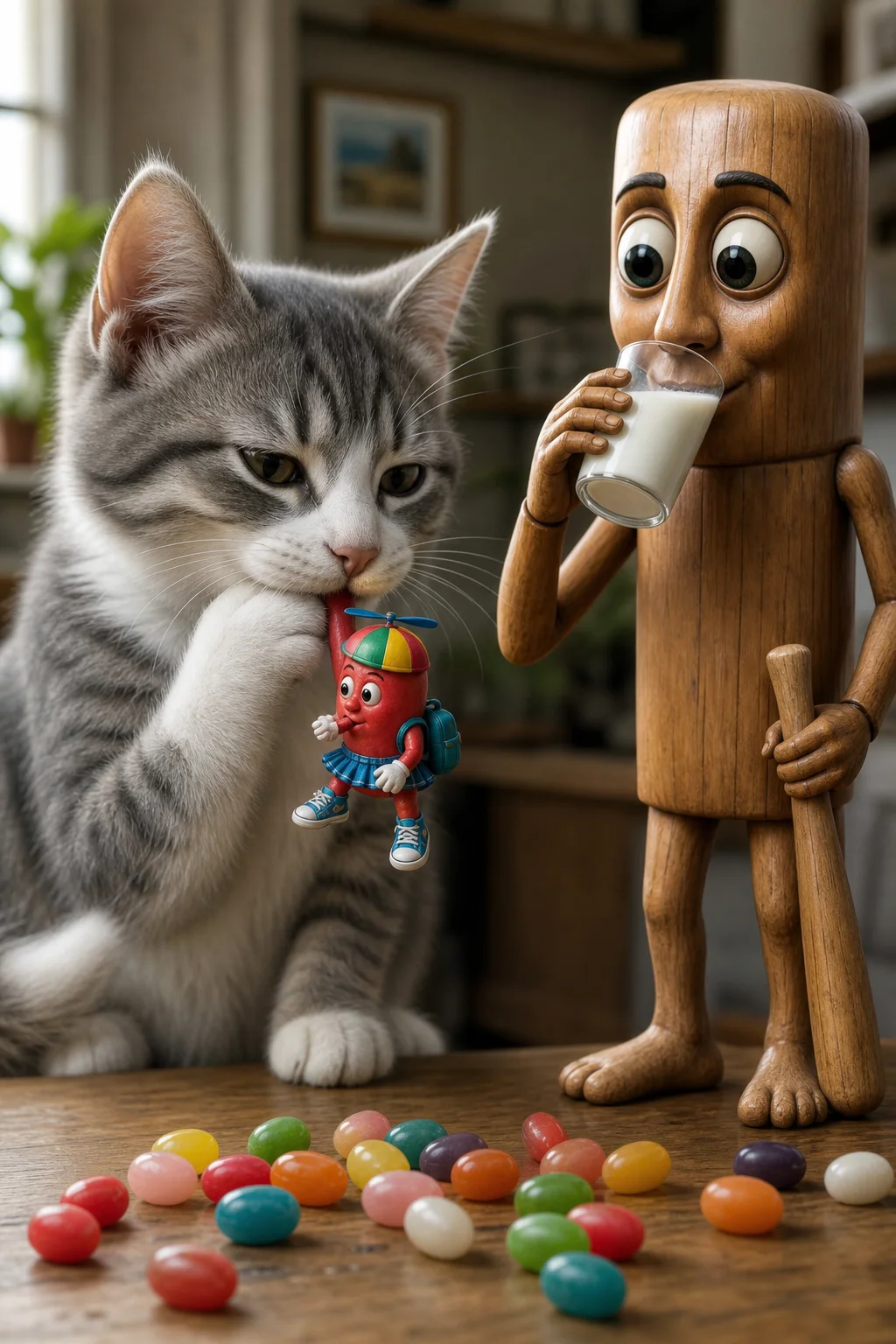 A grey-and-white kitten thoughtfully nibbles a tiny jelly bean character beside a wooden humanoid drinking milk and holding a baseball bat in a warmly lit surreal scene.