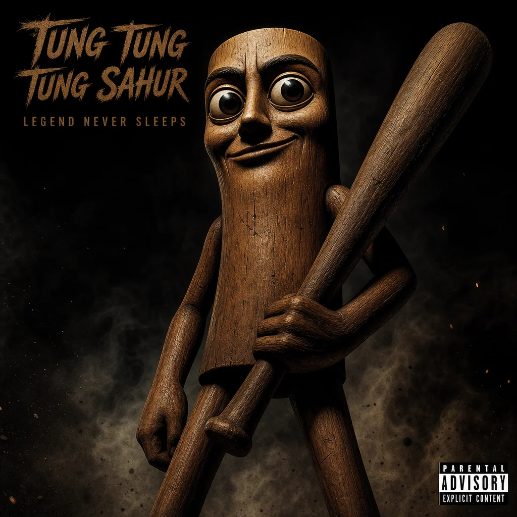 A wooden humanoid with huge expressive eyes and a bark-like body grips a baseball bat confidently in a dramatic, low-angle scene amid smoke and dust against a storm-dark background.