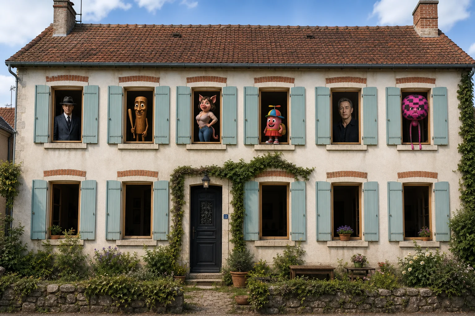 A charming house facade with twelve windows, six occupied by whimsical figures—including a suited man, wooden humanoid, pig-headed person, jelly bean, bearded man, and fluffy error creature—under daylight.