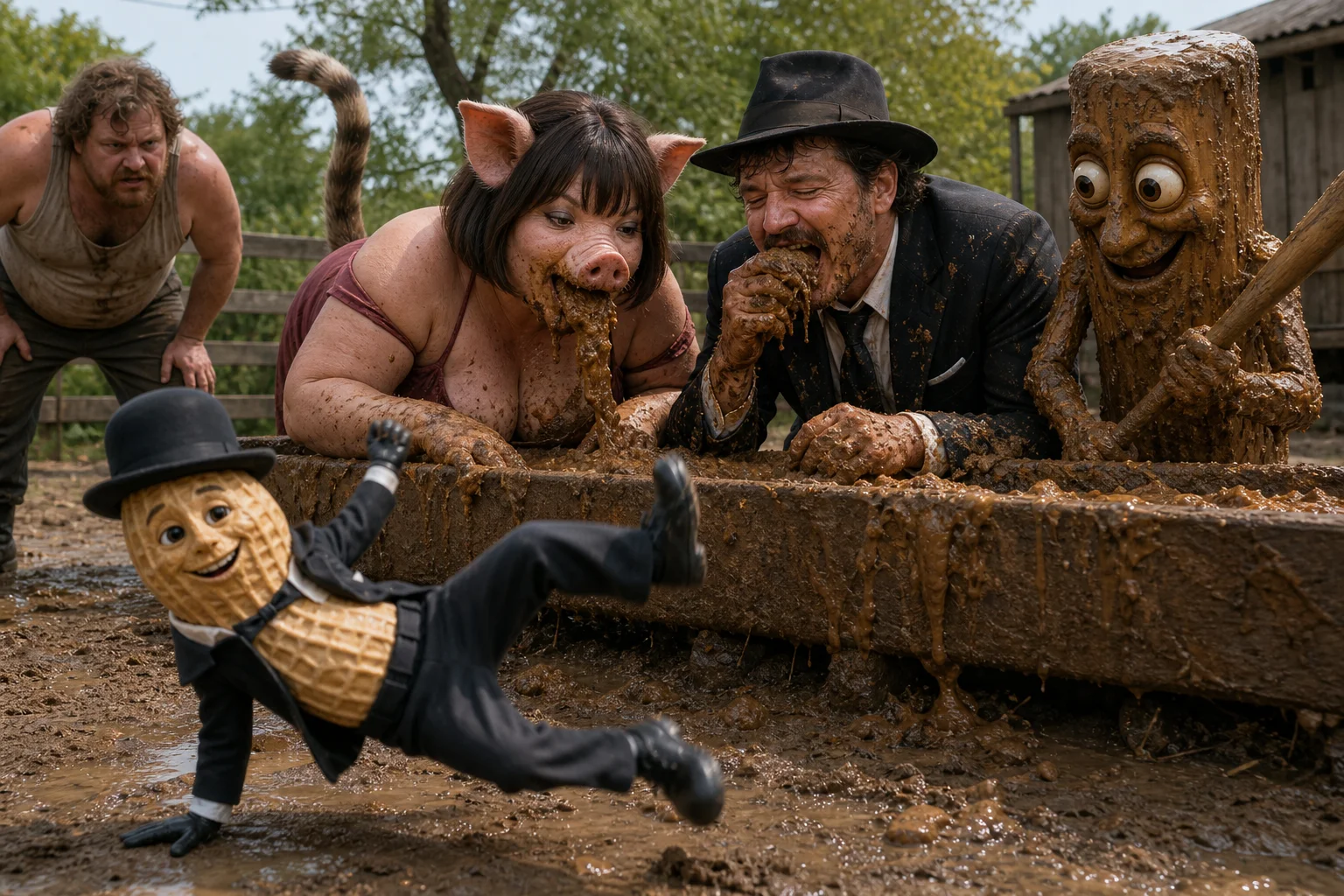 A chaotic outdoor scene shows a pig-headed woman and suited man eating slop beside a messy wooden humanoid, while a breakdancing peanut performs in the foreground near a rustic trough.