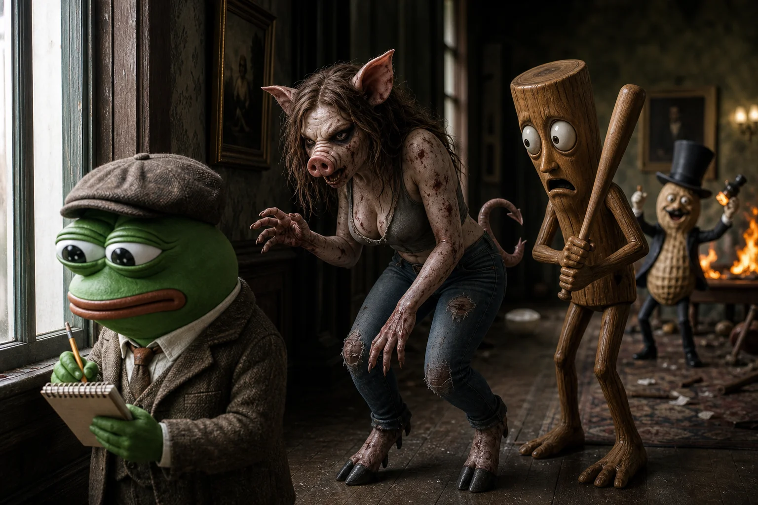 In a dimly lit room, a note-taking tiny character stands unaware at a window as a pig-headed zombie sneaks behind him, while a startled wooden figure with a bat and a laughing gentleman peanut watch nearby.