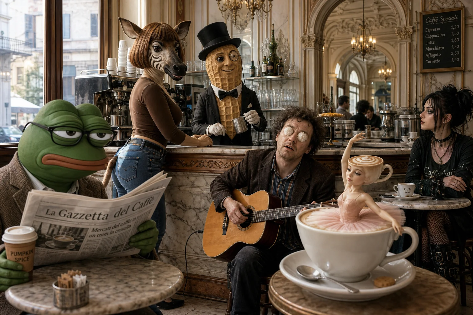 A whimsical photorealistic scene shows unusual baristas serving coffee in an ornate Italian café, with a newspaper-reading frog, a guitar-playing man, and lively patrons amid marble counters and warm window light.