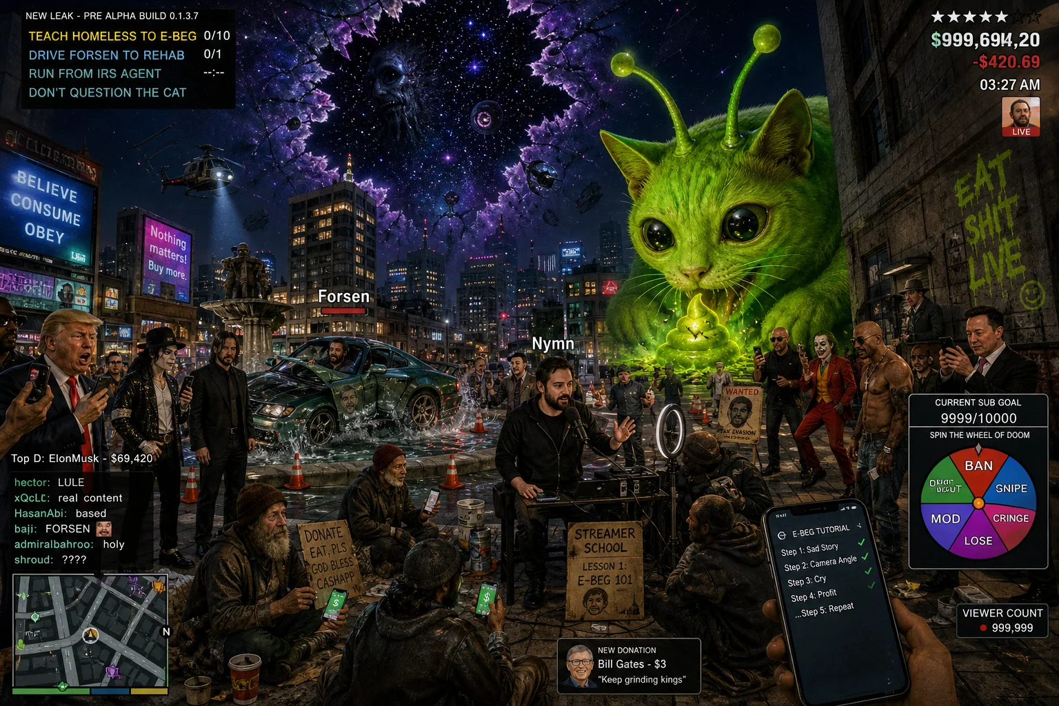 A chaotic neon city at night features livestreamers teaching e-begging, a driver skidding into a fountain, and a giant alien cat emerging from a cosmic rift while eating glowing green waste.