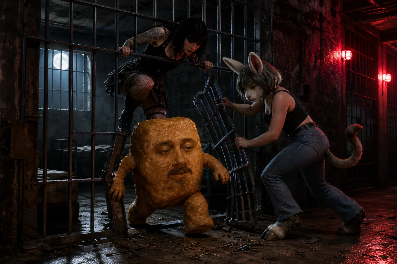 A dramatic nighttime prison escape shows a humanoid chicken nugget and two unusual companions forcing through bent cell bars amid moonlight, red emergency lights, debris, and damp concrete walls.