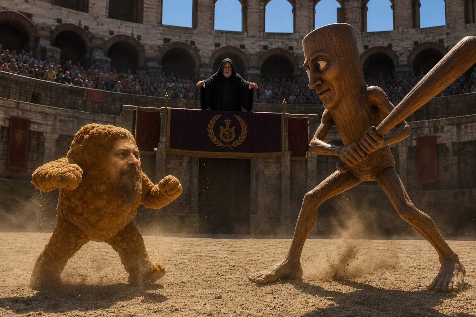 A humanoid chicken nugget battles a tall wooden drum-like creature with a club in the sandy Colosseum arena, while Emperor Palpatine gives a theatrical thumbs-down from the ancient stone arches above.