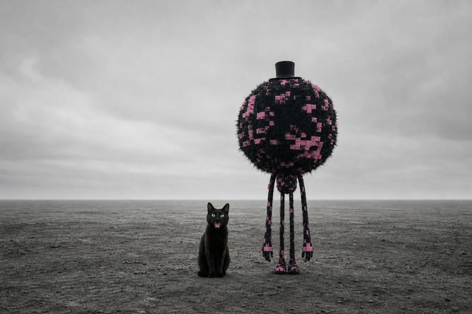 A tiny grinning black cat and a top-hatted, glitch-like pink-and-black figure stand together on a vast barren gray plain beneath an overcast, empty horizon.